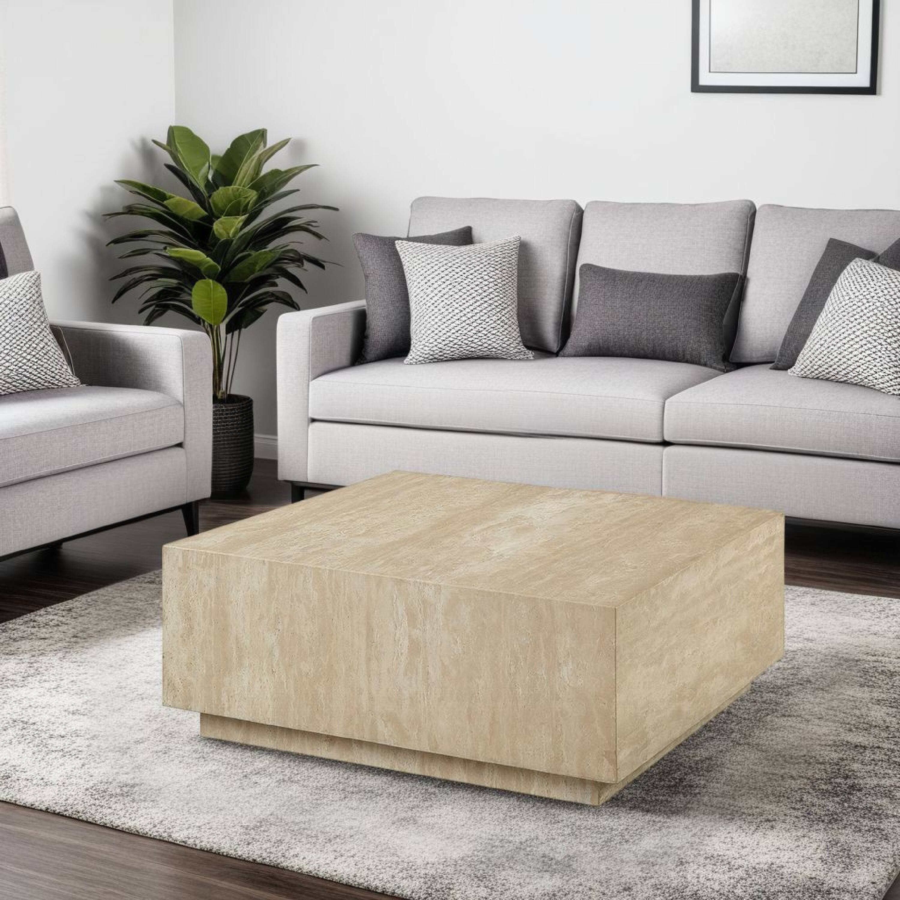 Alt View 5. Manhattan Lane - Lory Coffee Table, 35 Inch Square Travertine Top, Natural Wood Beige - Beige.