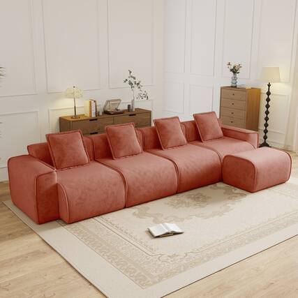 Front. Anysun - Streamlined L-Shape Velvet Sectional Sofa - 4-Seat Boneless Design,No Assembly, Includes Pillows & Ottoman - Red.