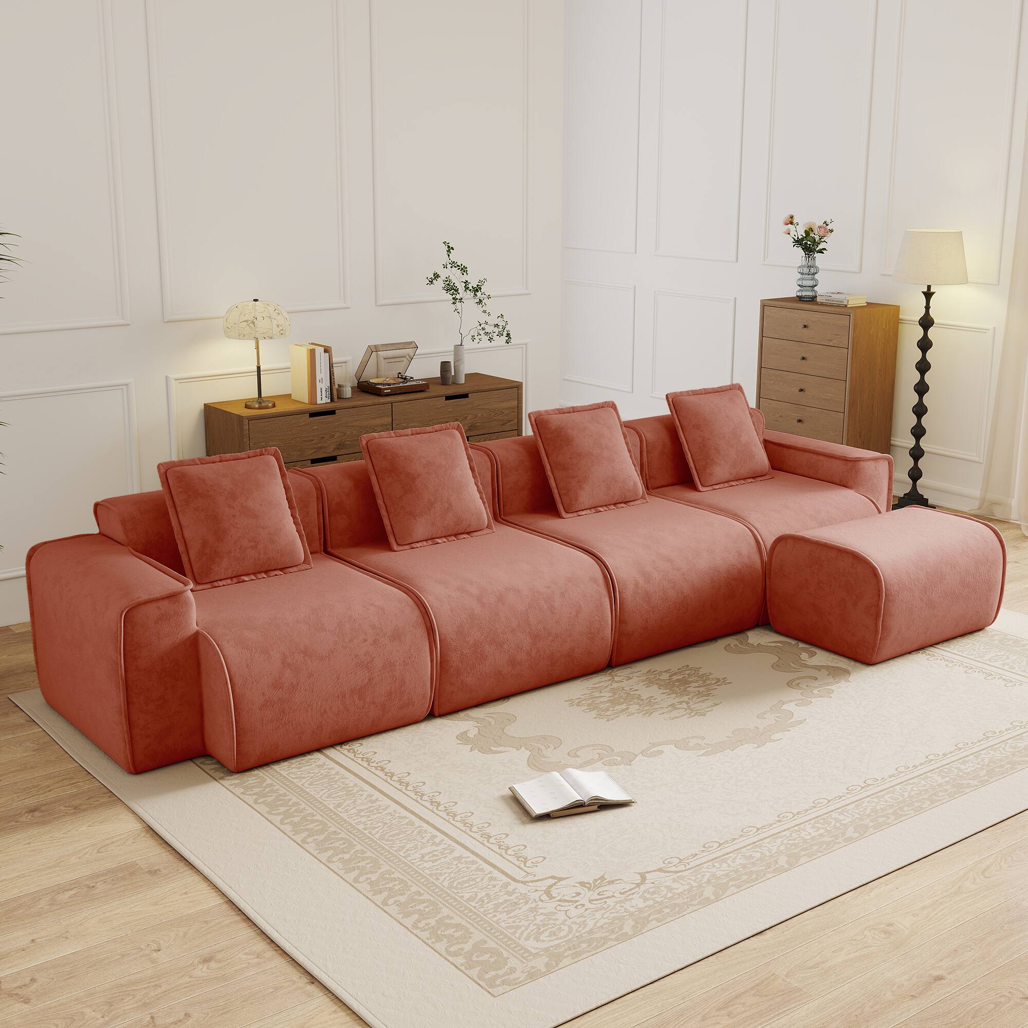 Front. Anysun - Streamlined L-Shape Velvet Sectional Sofa - 4-Seat Boneless Design,No Assembly, Includes Pillows & Ottoman - Red.