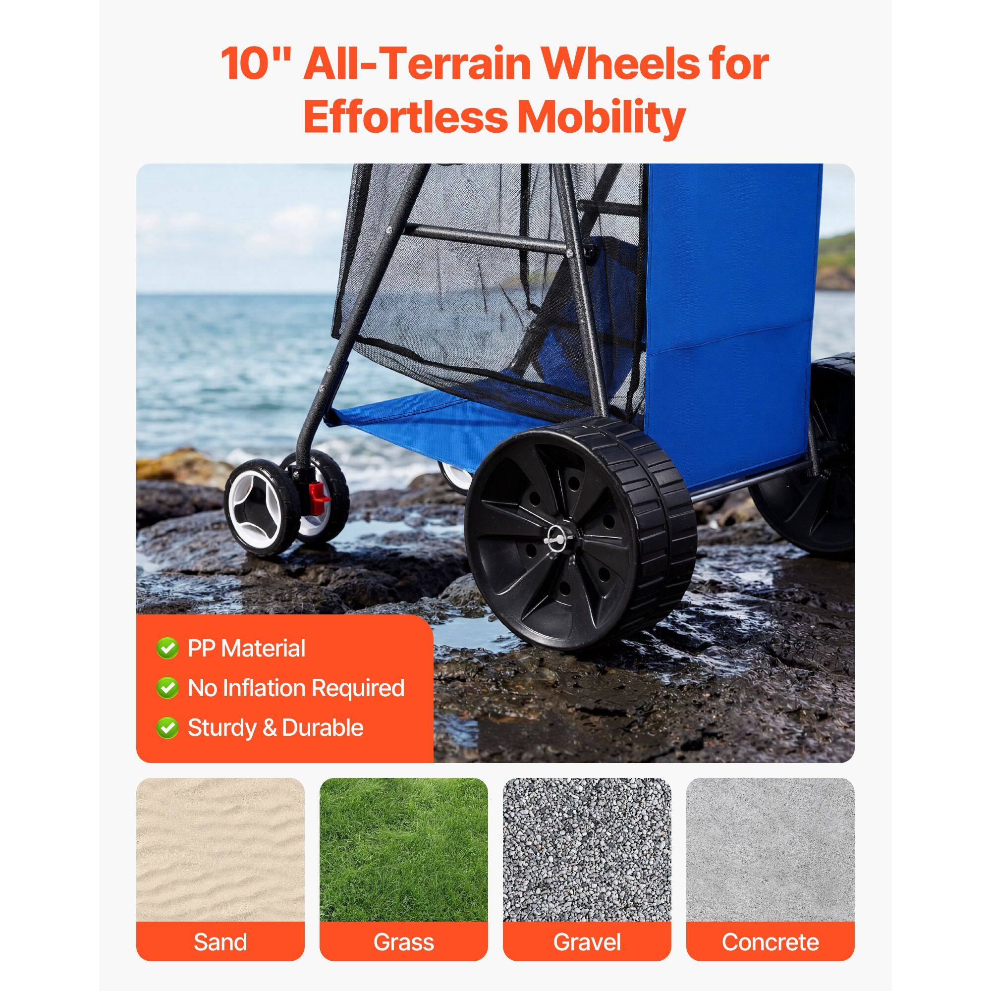 10" All-Terrain Wheels for Effortless Mobility

- PP Material
- No Inflation Required
- Sturdy & Durable

Sand | Grass | Gravel | Concrete