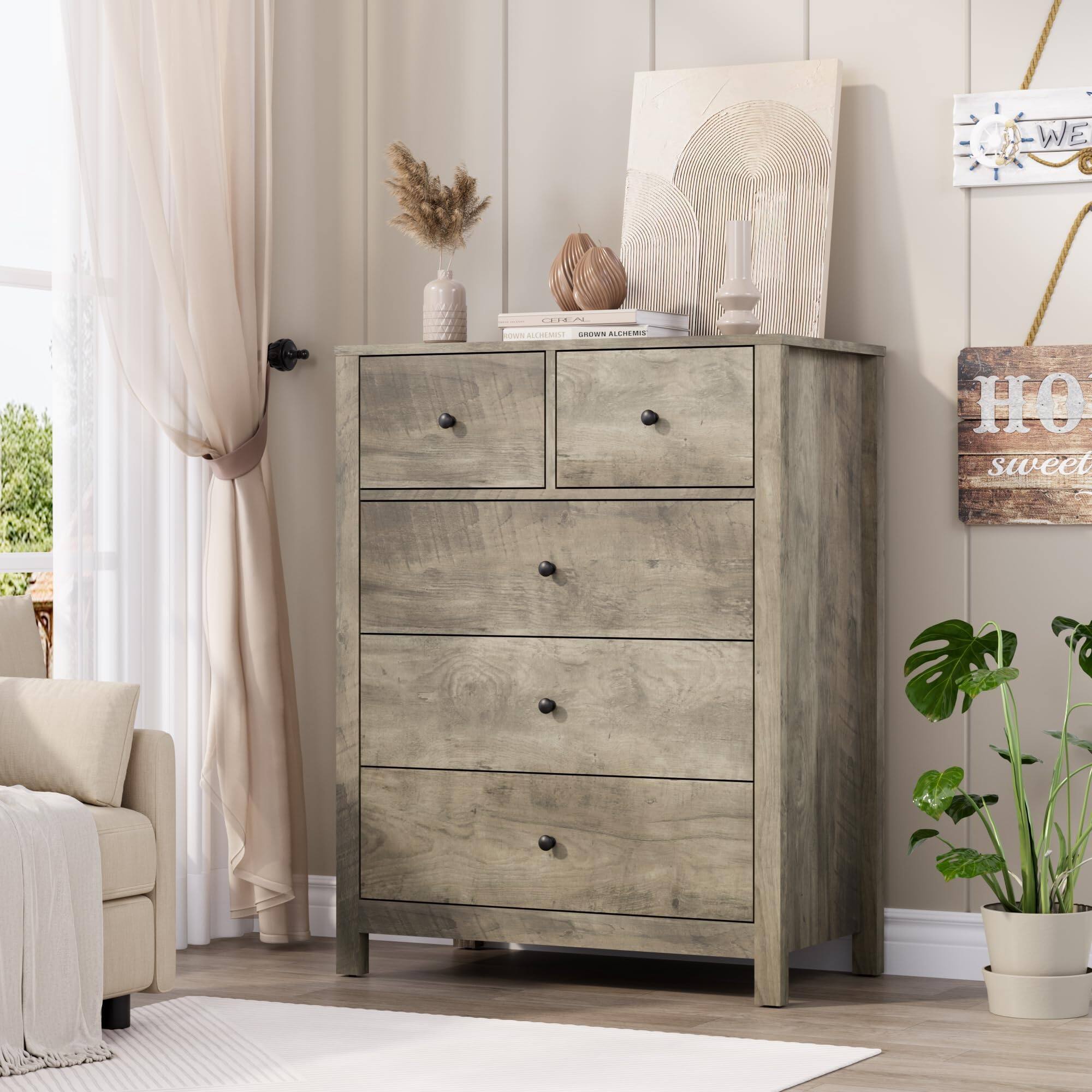 Acekool - Dresser for Bedroom, Tall 5 Drawer Dresser with Deep Drawers & Metal Knobs, Modern Wooden Double Chests of Drawers - Gray