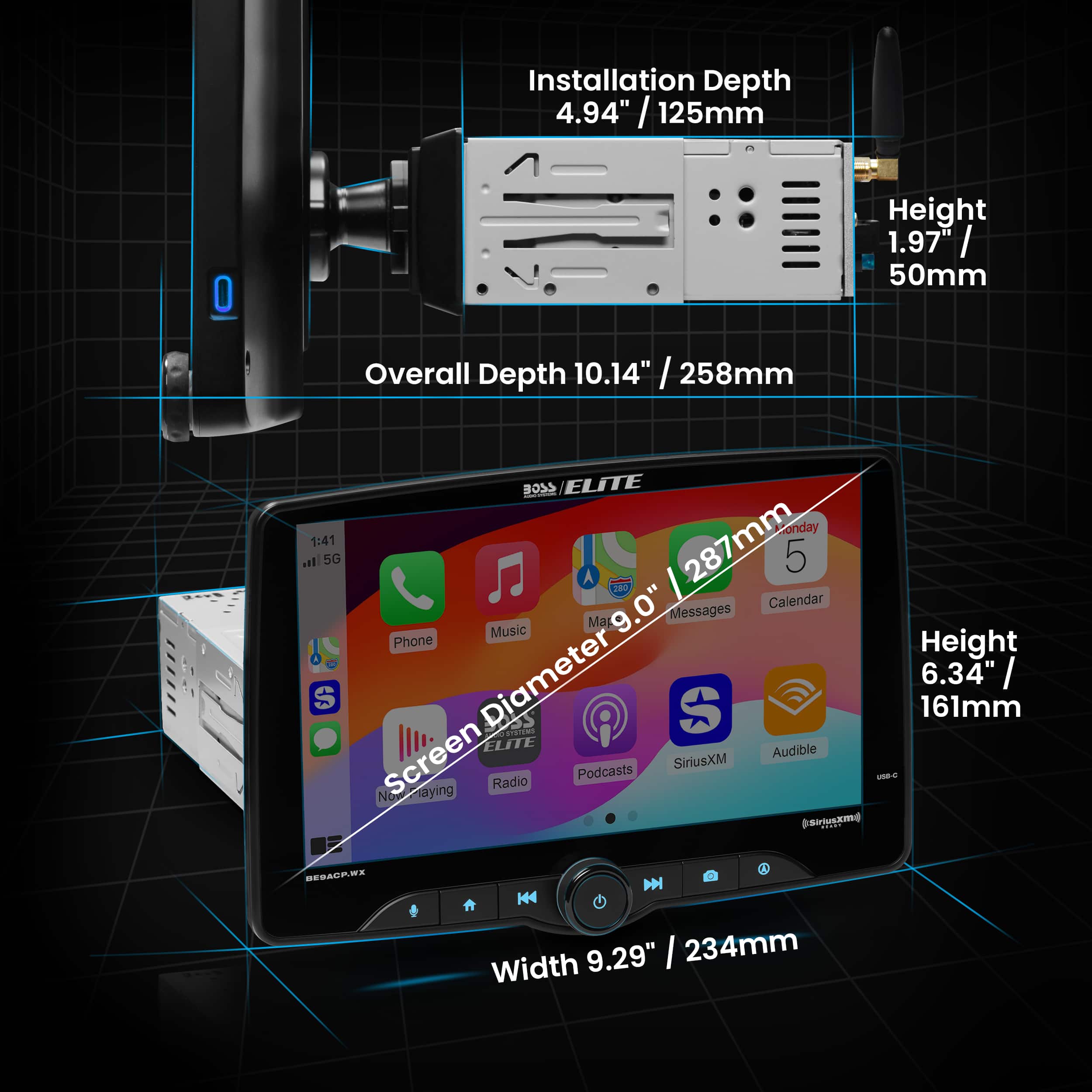 Installation Depth: 4.94" / 125mm
Overall Depth: 10.14" / 258mm
Height: 1.97" / 50mm
Screen Height: 9.0" / 228mm
Screen Width: 9.29" / 234mm
Diameter: 6.34" / 161mm
Overall Height: 1.97" / 50mm
Overall Width: 9.29" / 234mm