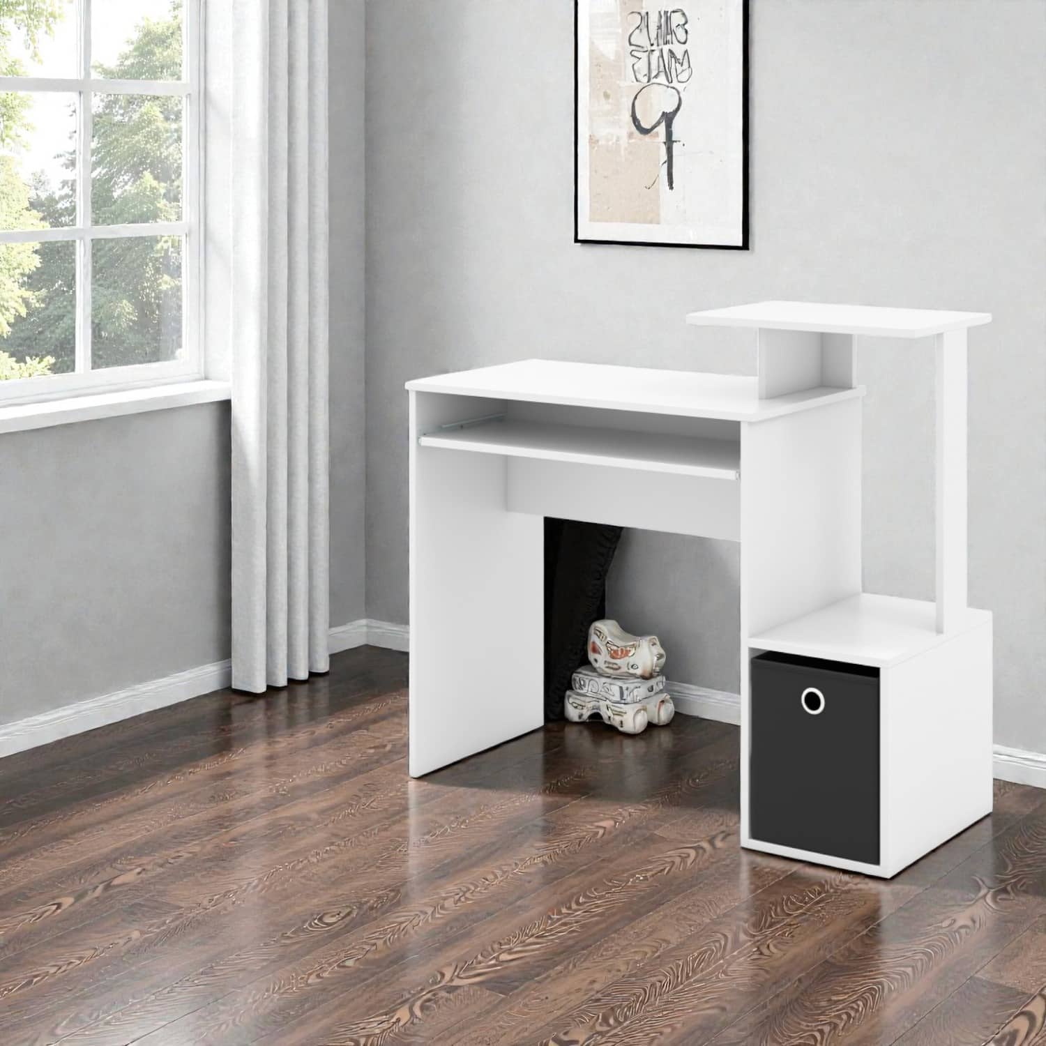 Hivvago - Minimalist Office Desk with Slide-Out Keyboard Platform - White