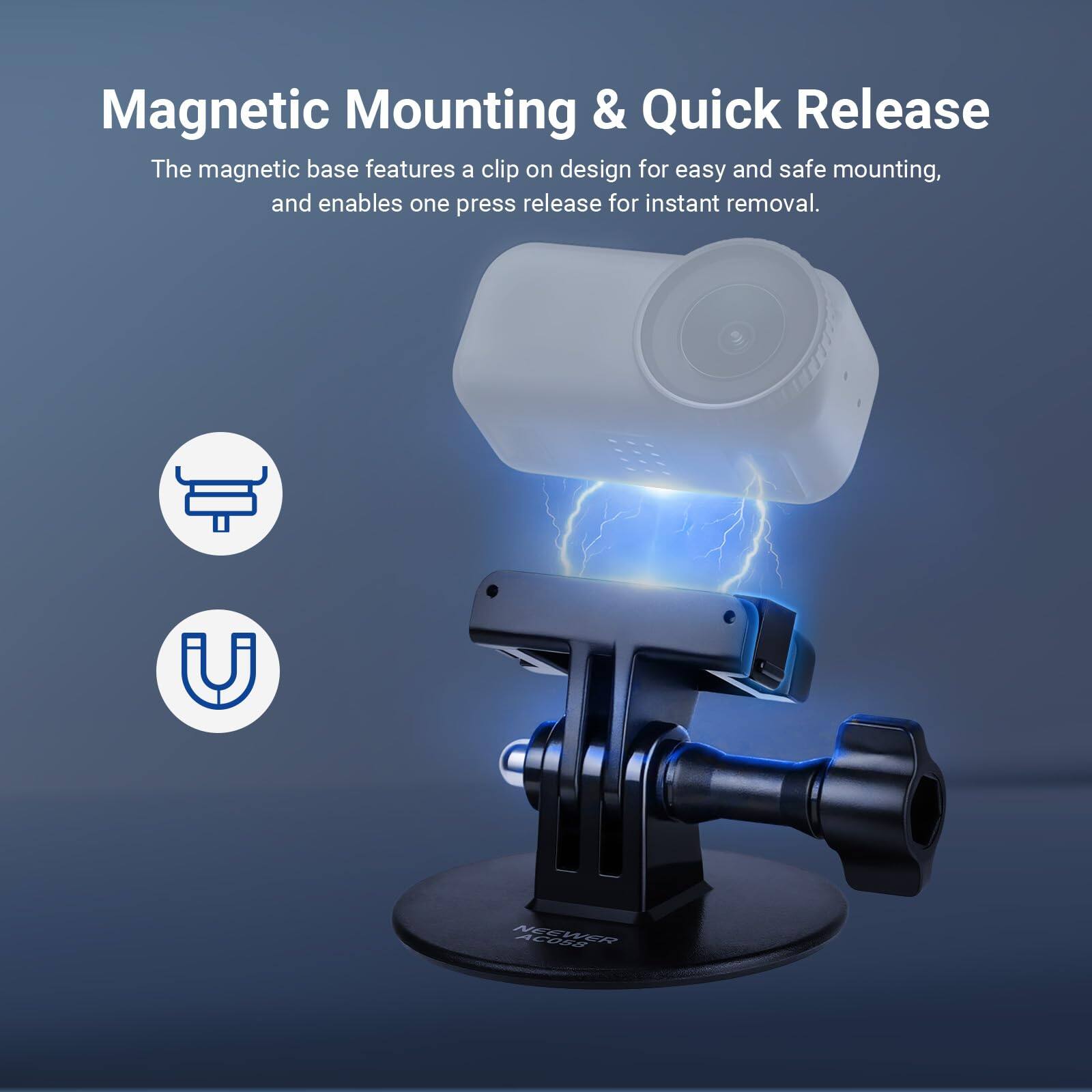 Magnetic Mounting & Quick Release

The magnetic base features a clip-on design for easy and safe mounting, and enables one press release for instant removal.