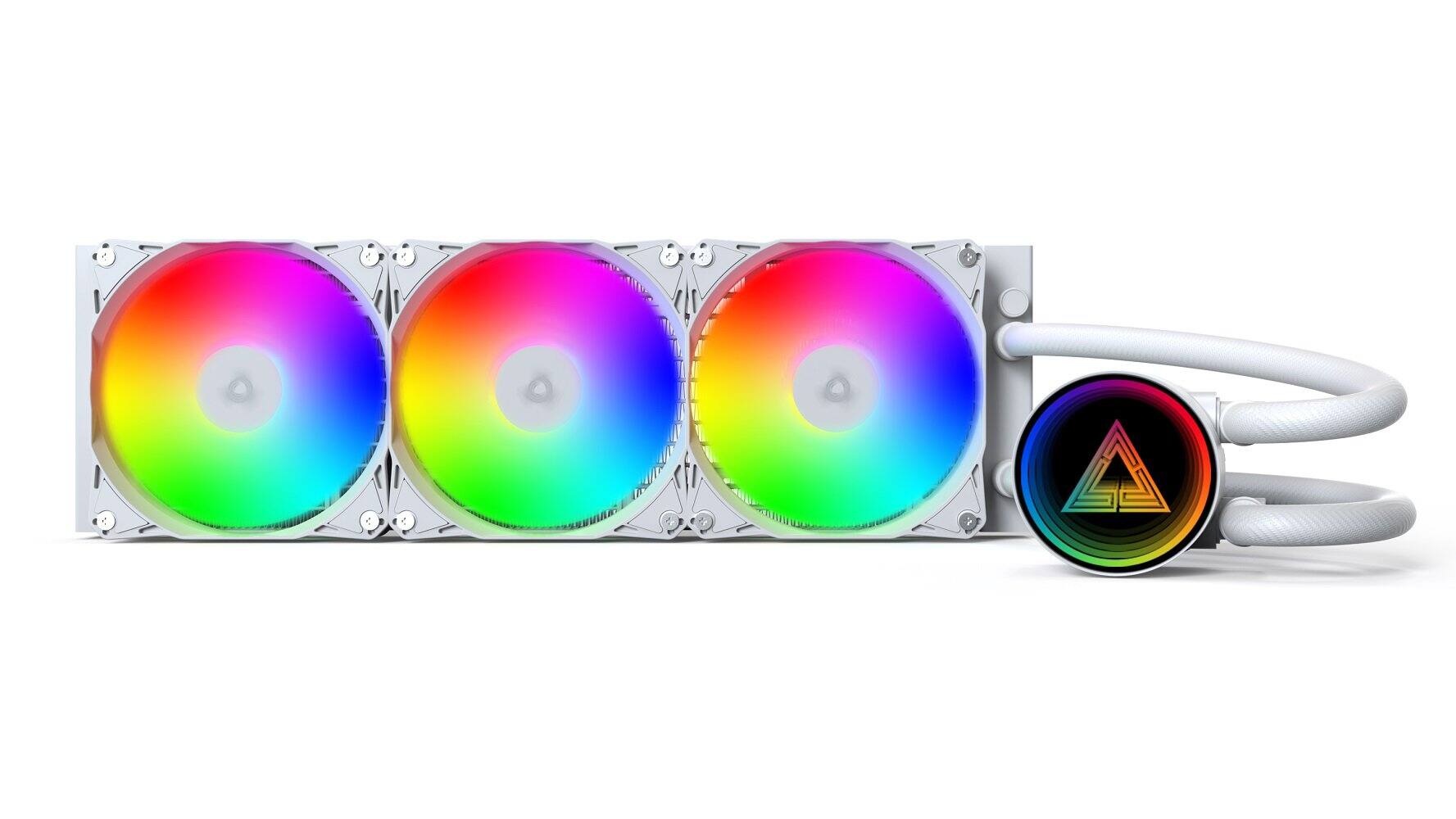 Left. Montech - LightFlow ARGB 360 CPU Liquid Cooler, 360mm AIO with Infinity Mirror Design, 3100RPM Pump, 3x120mm ARGB Fans - White.