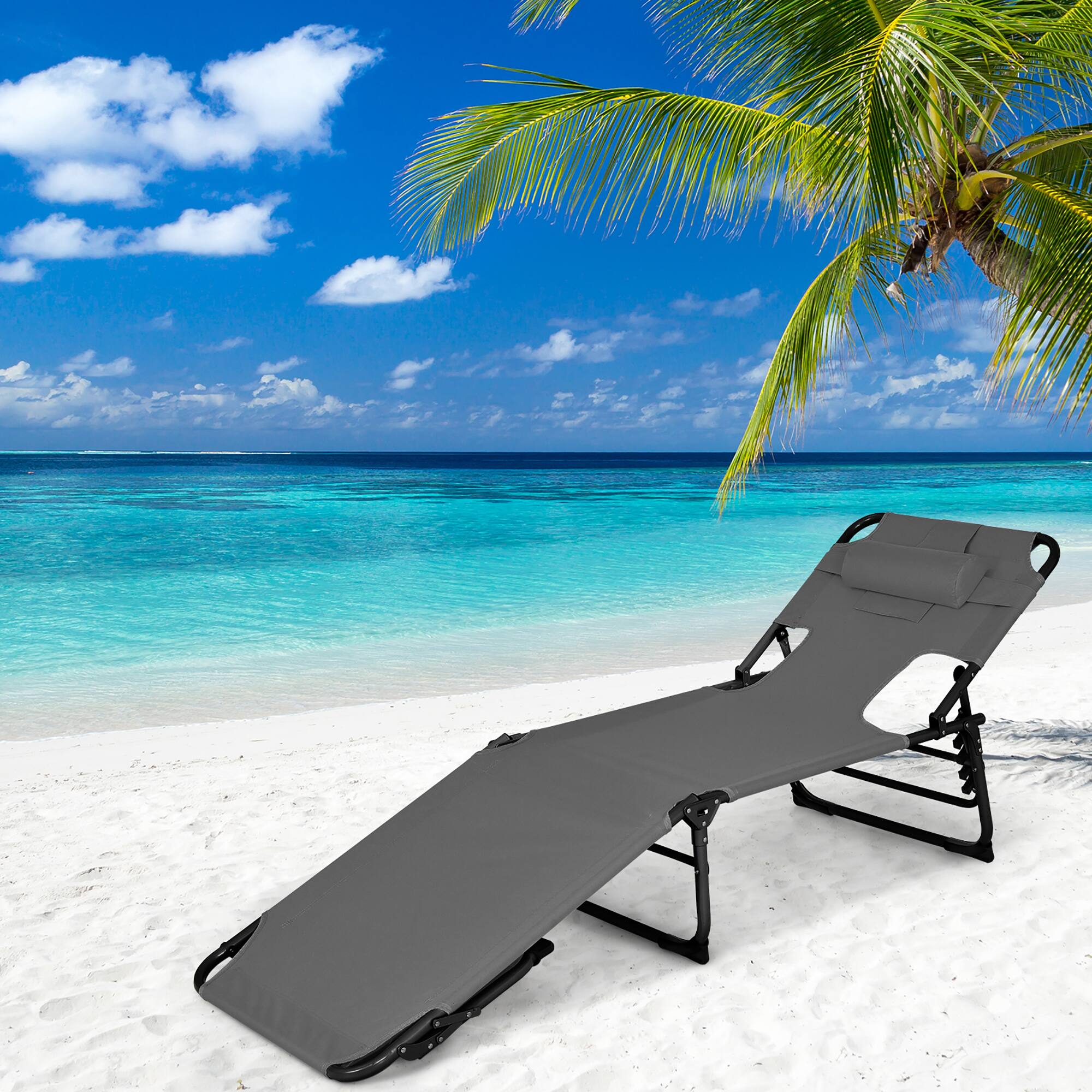 Alt View 1. Costway - Costway Outdoor Beach Lounge Chair Folding Chaise Lounge with Pillow - Gray.