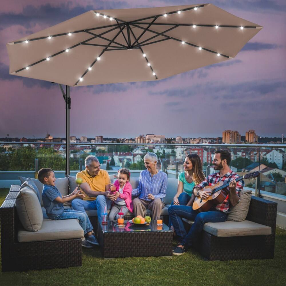 Back. Mondawe - 10ft Solar LED Patio Cantilever Umbrella with Crank - Tan.