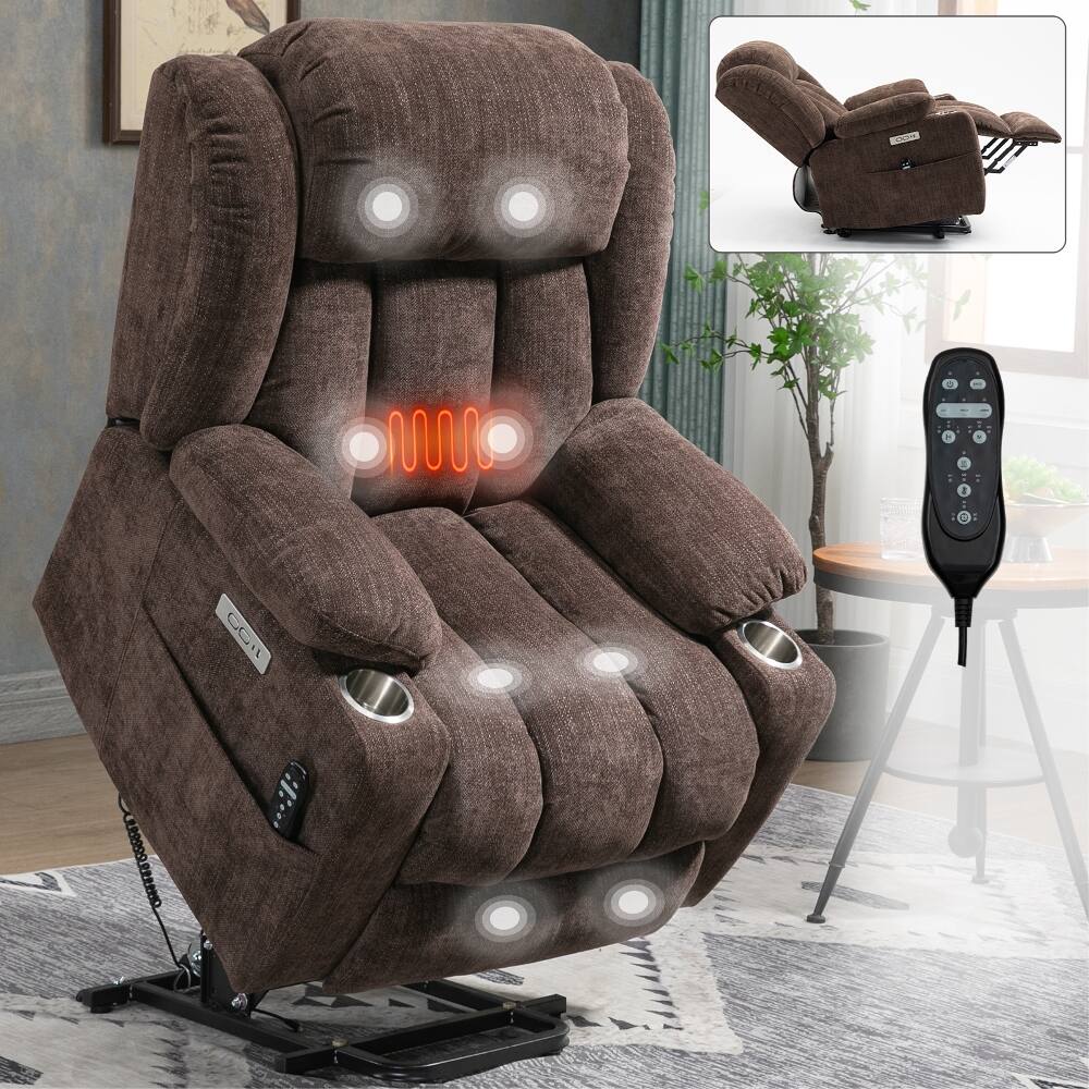 Ropilly - Heavy Duty Lift Chair 350 lbs, Power Motion Recliner with Heat and Massage, Dual USB Ports, Chenille - Brown