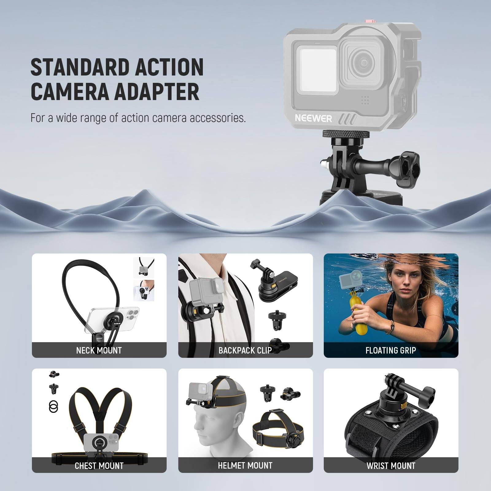 STANDARD ACTION CAMERA ADAPTER  
For a wide range of action camera accessories.  

NEEWER  
NECK MOUNT  
BACKPACK CLIP  
FLOATING GRIP  
CHEST MOUNT  
HELMET MOUNT  
WRIST MOUNT