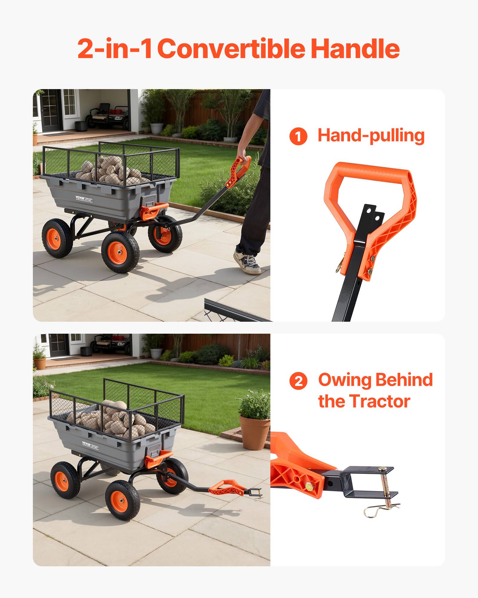 2-in-1 Convertible Handle

1. Hand-pulling

2. Owing Behind the Tractor