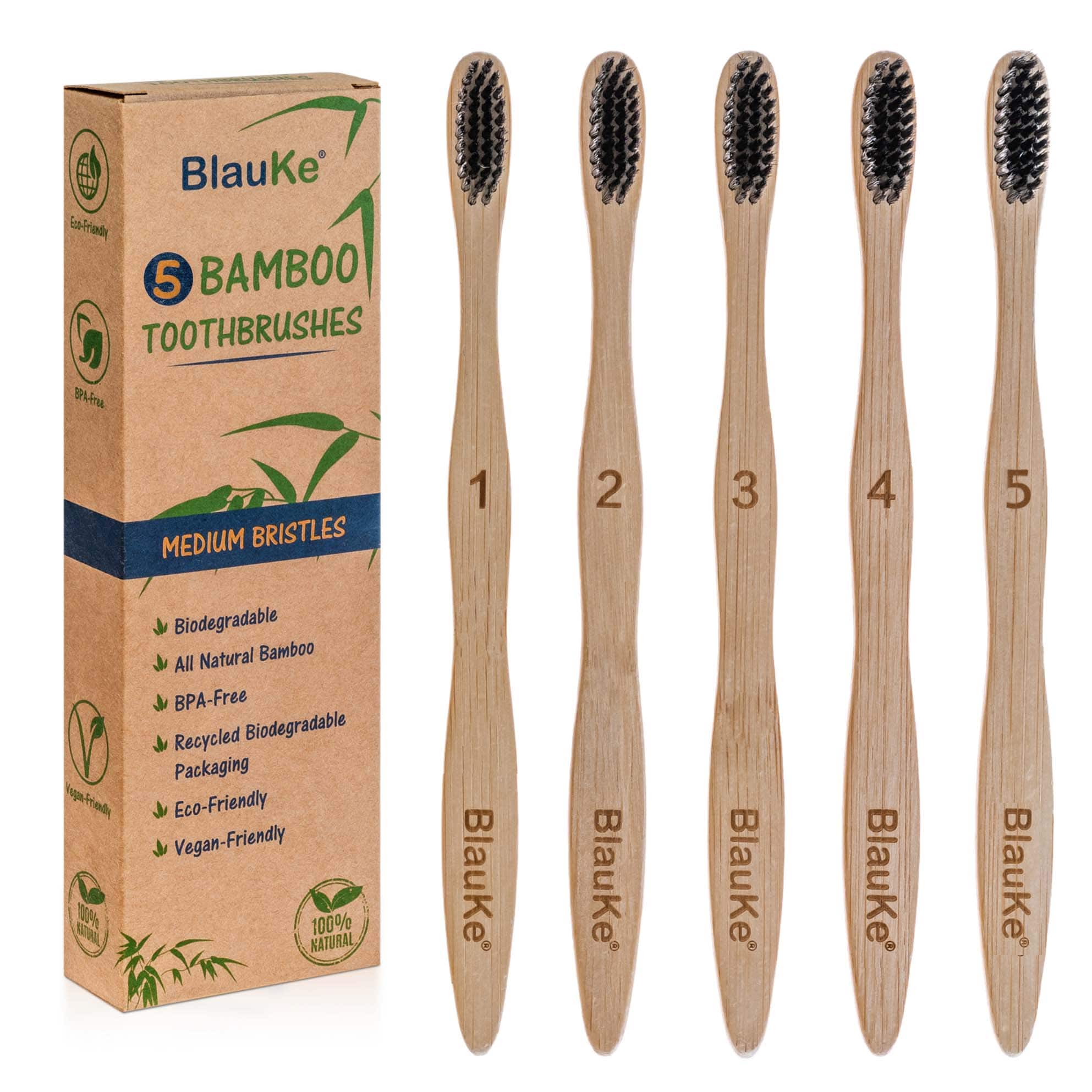 BlauKe - Bamboo Toothbrush Set 5-Pack - Toothbrushes with Medium Bristles for Adults - Toothbrushes with Black Charcoal Bristles - Brown