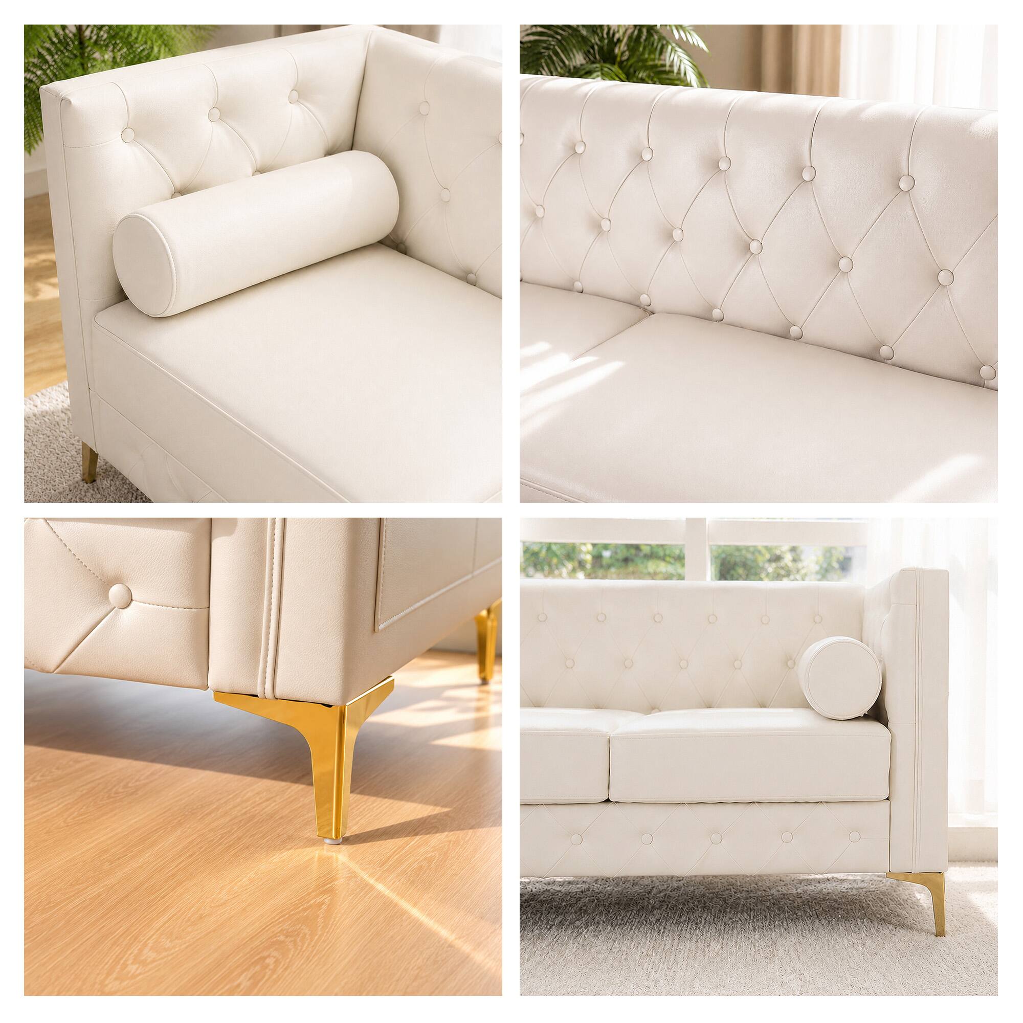 Alt View 4. Meqiodas - 78.5" Faux Leather Sofa Couch for Living Room, Luxury Button Tufted 3 Seater Sofa with Gold Metal Legs and Pillows - White.