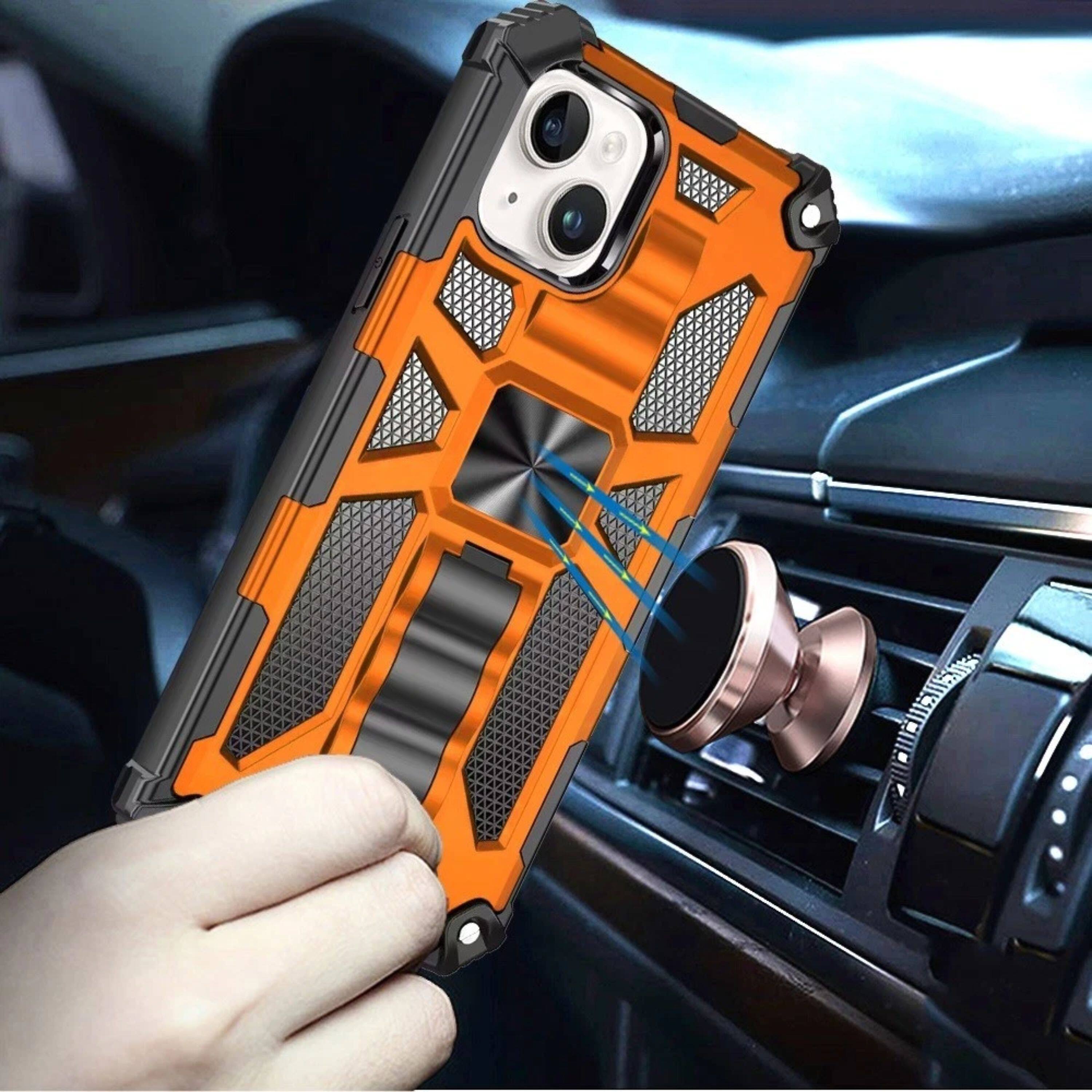Angle. Kitcheniva - Shockproof Modern Stand Metal Plate Phone Case With 2 Pcs Tempered Glass For iPhone 15 Plus - Cosmic Orange.