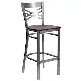 Emma + Oliver - Clear Coated "X" Back Metal Restaurant Dining Barstool - Mahogany Wood Seat/Clear Coated Metal Frame