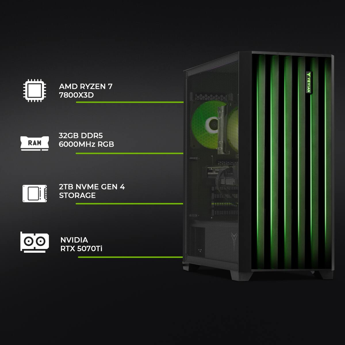 AMD RYZEN 7 7800X3D  
32GB DDR5 6000MHz RGB  
2TB NVME GEN 4 STORAGE  
NVIDIA RTX 5070Ti