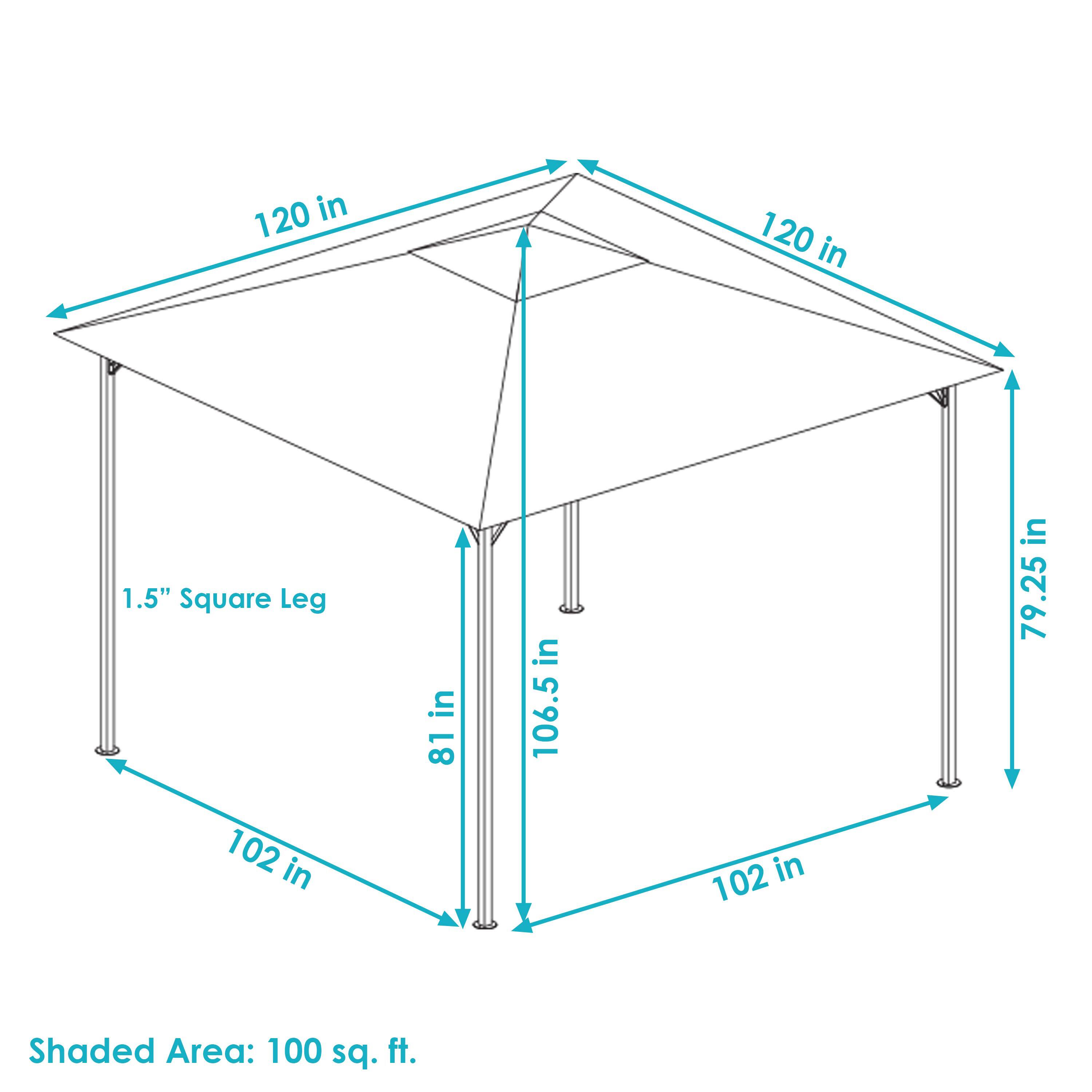 120 in  
120 in  
1.5" Square Leg  
81 in  
106.5 in  
79.25 in  
102 in  
102 in  
Shaded Area: 100 sq. ft.