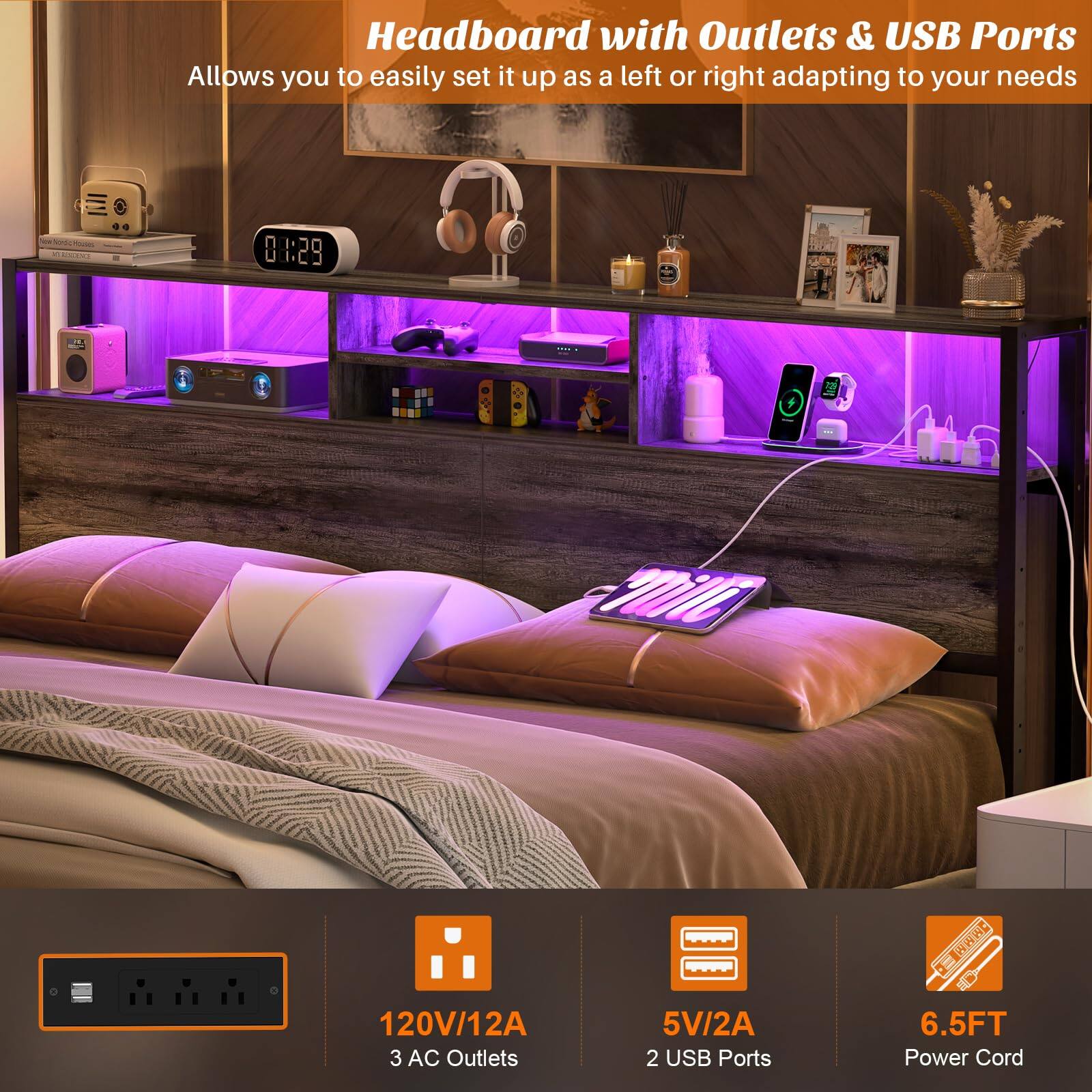 Headboard with Outlets & USB Ports  
Allows you to easily set it up as a left or right adapting to your needs  

- 120V/12A  
- 3 AC Outlets  
- 5V/2A  
- 2 USB Ports  
- 6.5FT Power Cord