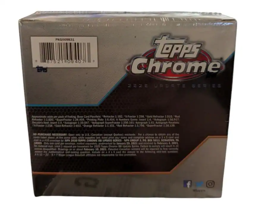 Sure, here is the corrected text:

---

**Topps Chrome 2022 Update Series**

**Approximate odds per pack of finding:**

- Base Card Parallels:
  - Refractor 1:102
  - X-Fractor 1:258
  - Gold Refractor 1:510
  - Red Refractor 1:1,020
  - SuperFractor 1:28,459
  - Printing Plate 1:6,454

- A Numbers Game: Insert 1:4
- Autograph 1:56.917
- Decade's Next Insert 1:4
- Autograph 1:10.047
- Autograph SuperFractor 1:350.161
- Autograph 1:41
- Autograph Parallels:
  - LFactor 1:256
  - Gold Refractor 1:603
  - Orange Refractor 1:1,151
  - Red Refractor 1:5,796
  -