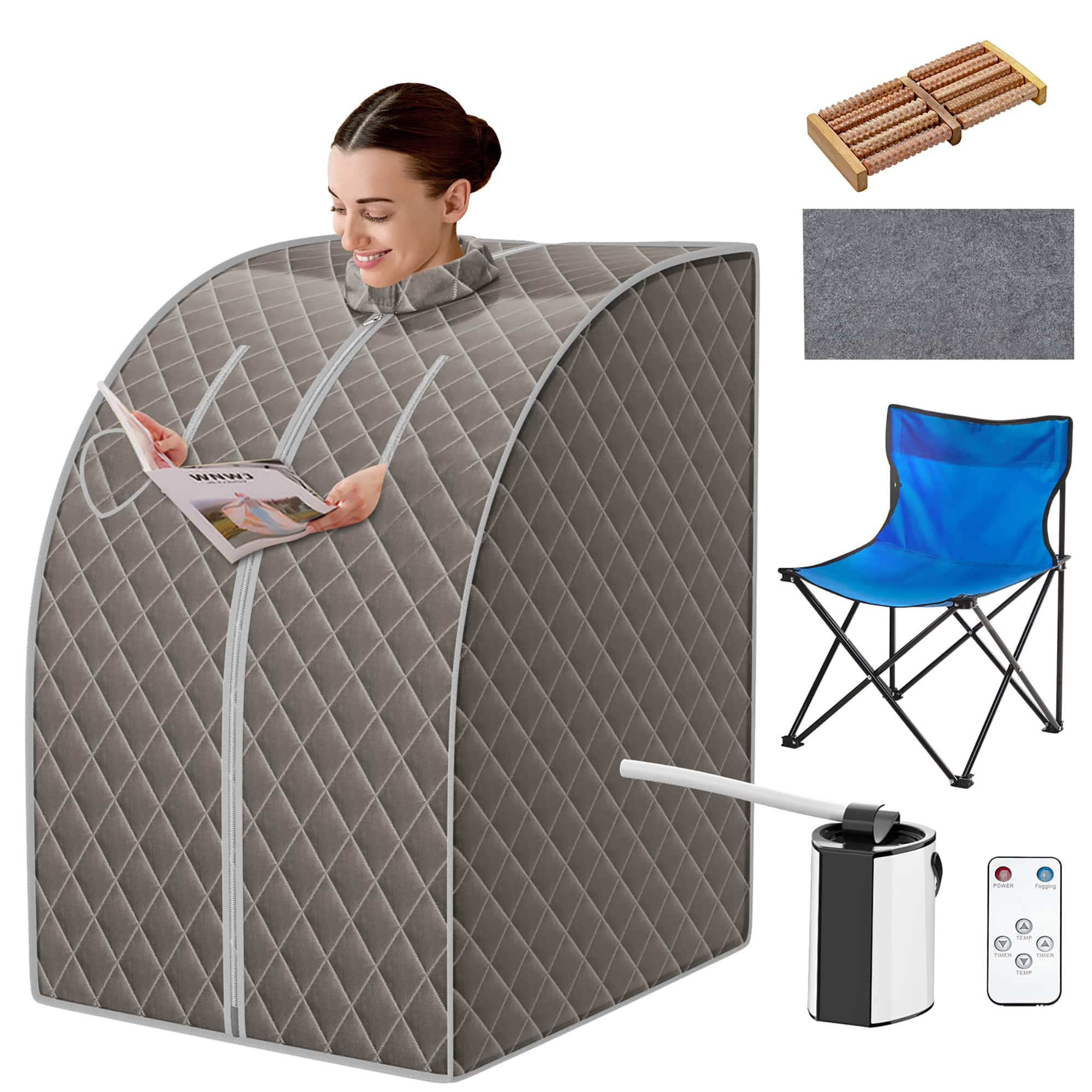 The image features a woman standing inside a tent-like structure, which appears to be a portable sauna. She is holding a magazine and smiling, seemingly enjoying her time in the sauna. The tent is surrounded by various items, including a chair, a remote, a book, and a cup. The woman is also wearing a tie, adding a unique touch to her outfit. The scene seems to be a combination of relaxation and entertainment, with the woman indulging in both the comfort of the sauna and the enjoyment of reading a magazine.