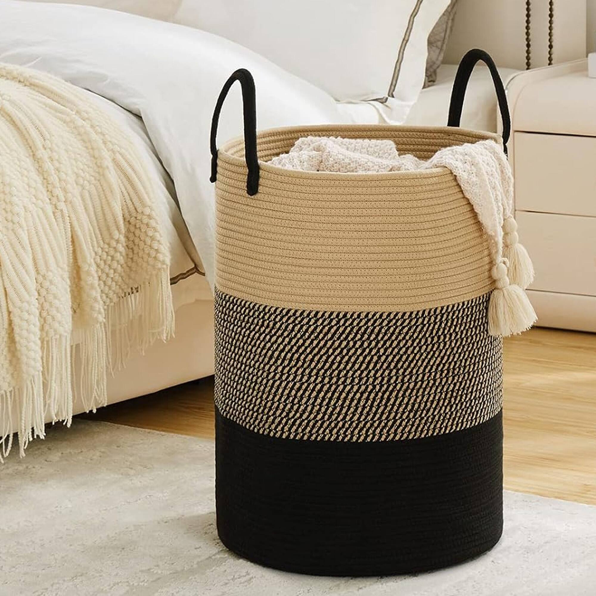 Angle. Cheer Collection - Woven Cotton Rope Laundry Hamper – Large 16 x 16 x 22 in Storage Basket with Reinforced Handles - 3 Tone Black/Gray/Tan - Black Gray Tan.