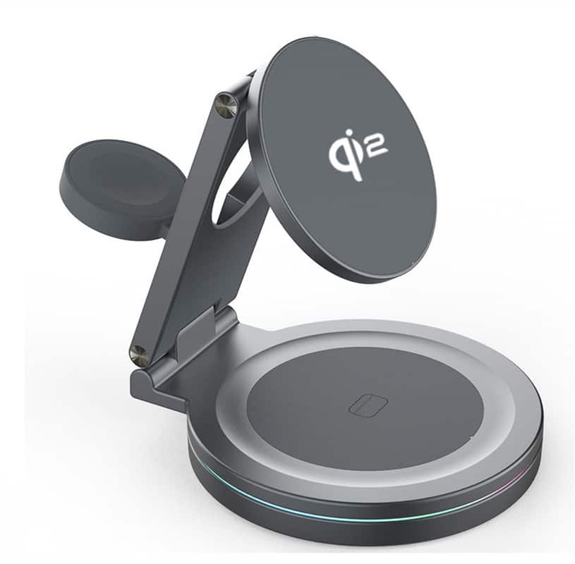 RISOKEYS - Qi Wireless Charger - Foldable Stand, 360° Rotatable, 3-in-1 Charging Dock with Magnetic for Apple Devices - Gray