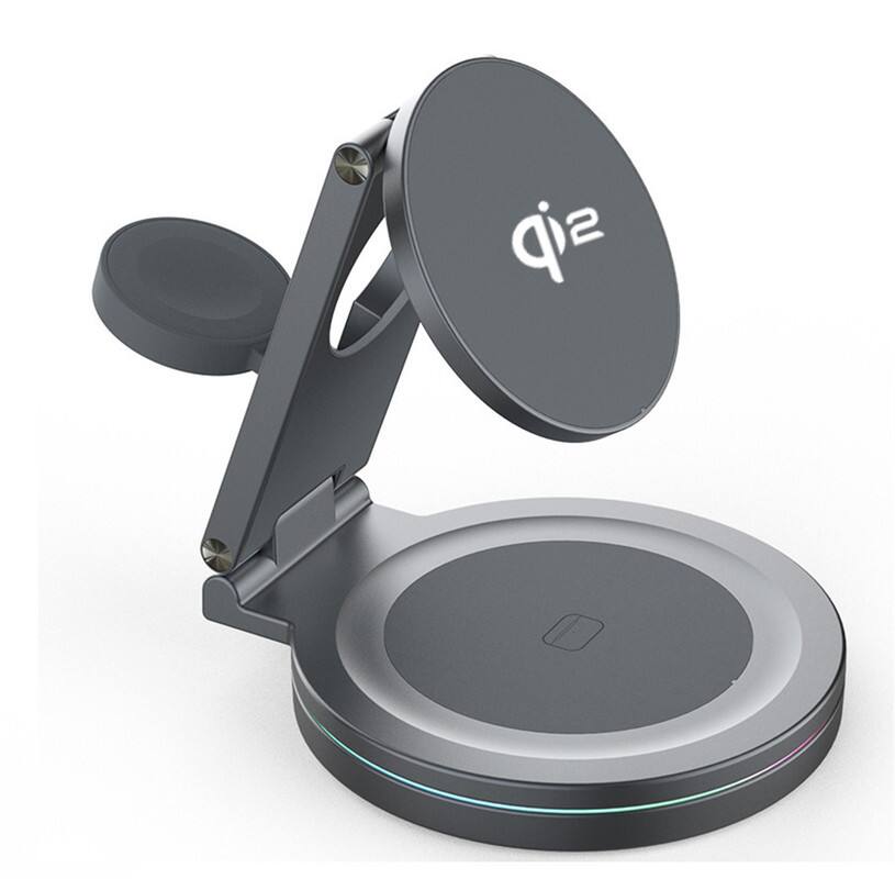 RISOKEYS - Qi Wireless Charger - Foldable Stand, 360° Rotatable, 3-in-1 Charging Dock with Magnetic for Apple Devices - Gray