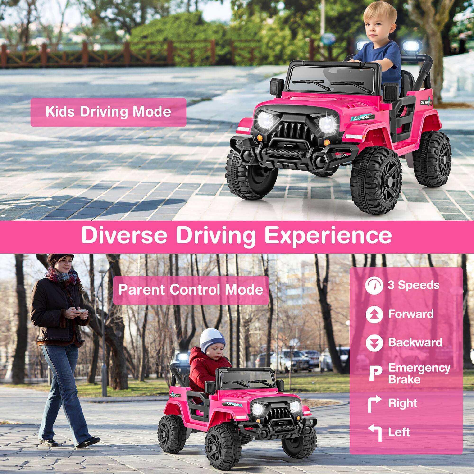 Kids Driving Mode

Diverse Driving Experience

Parent Control Mode

3 Speeds
Forward
Backward
P Emergency Brake
Right
Left