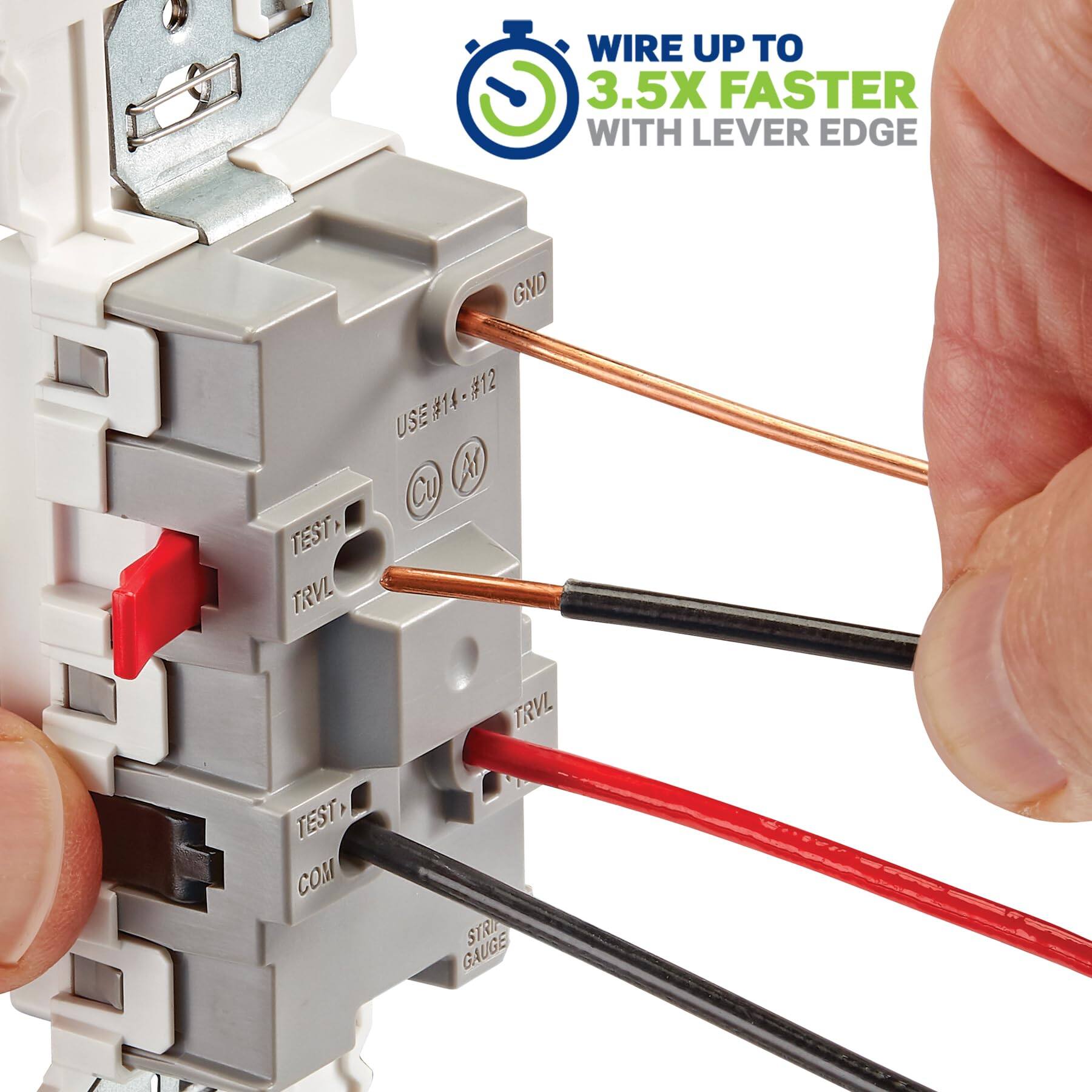 WIRE UP TO 3.5X FASTER WITH LEVER EDGE

GND D G TEST TRVL 1412 #12 USE #14 M Cu TRVL TEST COM STRI GAUGE