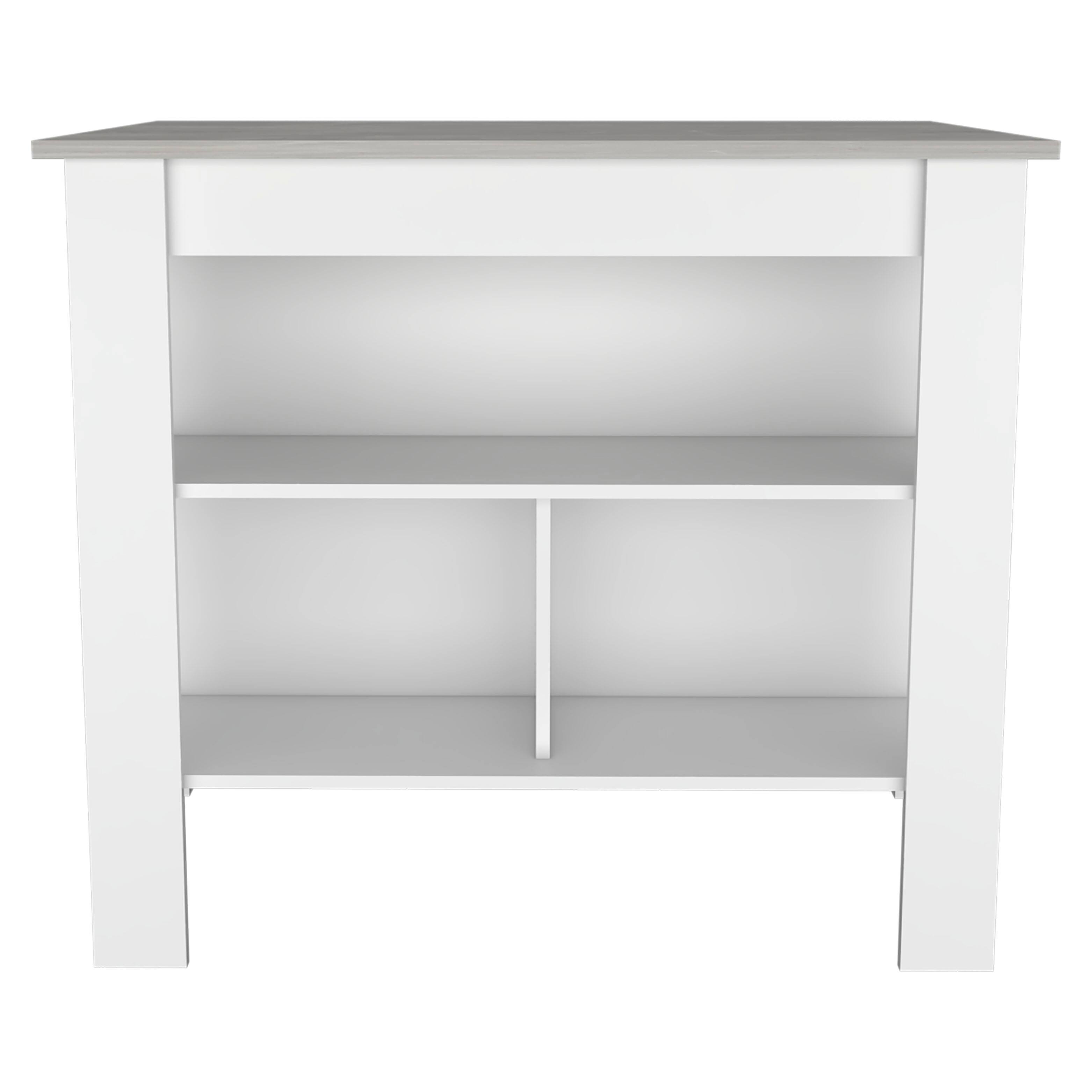 Front. TuHome - Cala Kitchen Island, Four Legs, Three Shelves, White and Ibiza Marble - White, Ibiza Marble.