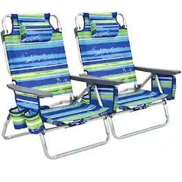 Costway - 2-Pack Folding Backpack Beach Chair 5-Position Outdoor Reclining Chairs w/Pillow - Blue