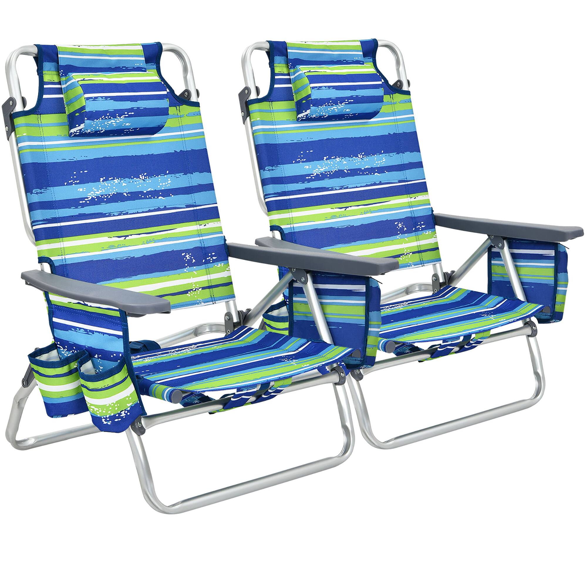 Front. Costway - Costway 2-Pack Folding Backpack Beach Chair 5-Position Outdoor Reclining Chairs w/Pillow - Blue.