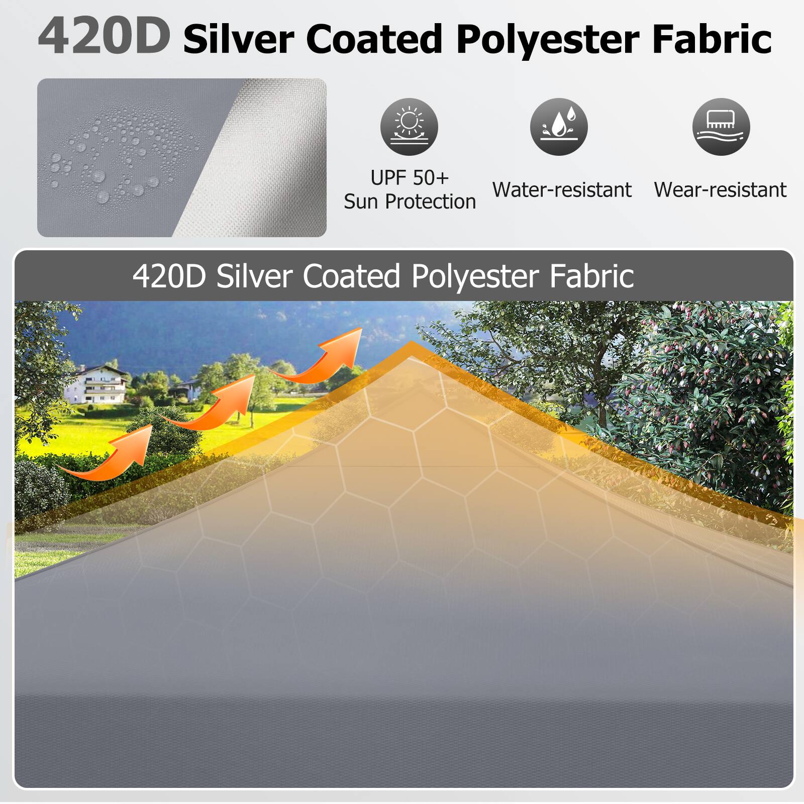 420D Silver Coated Polyester Fabric  
UPF 50+ Sun Protection  
Water-resistant  
Wear-resistant  

420D Silver Coated Polyester Fabric