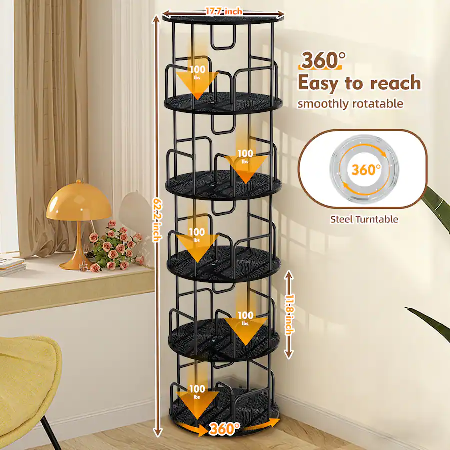 Revolving Display Shelf MERAVOM 5 Tier Rotating Bookshelf, 360° Spinning Bookcase, Freestanding ...