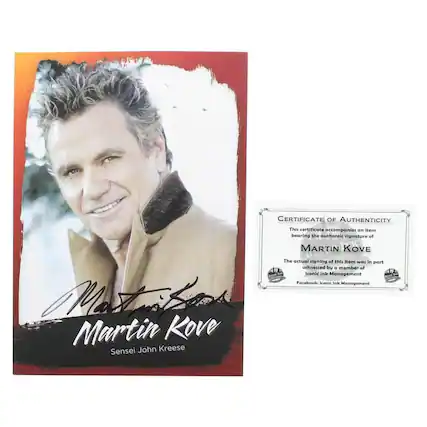 CERTIFICATE OF AUTHENTICITY
This certificate accompanies an item bearing the authentic signature of MARTIN KOVE
The actual signing of this item was in part witnessed by a member of Iconic Ink Management
Facebook: Iconic Ink Management
Martin Kove
Sensei John Kreese