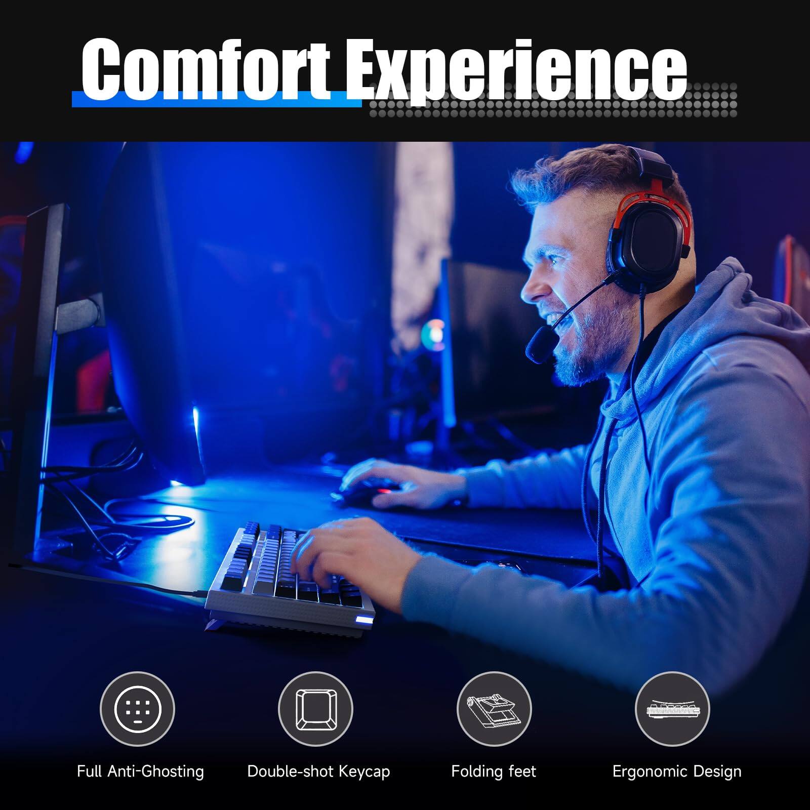 Comfort Experience

- Full Anti-Ghosting
- Double-shot Keycap
- Folding Feet
- Ergonomic Design