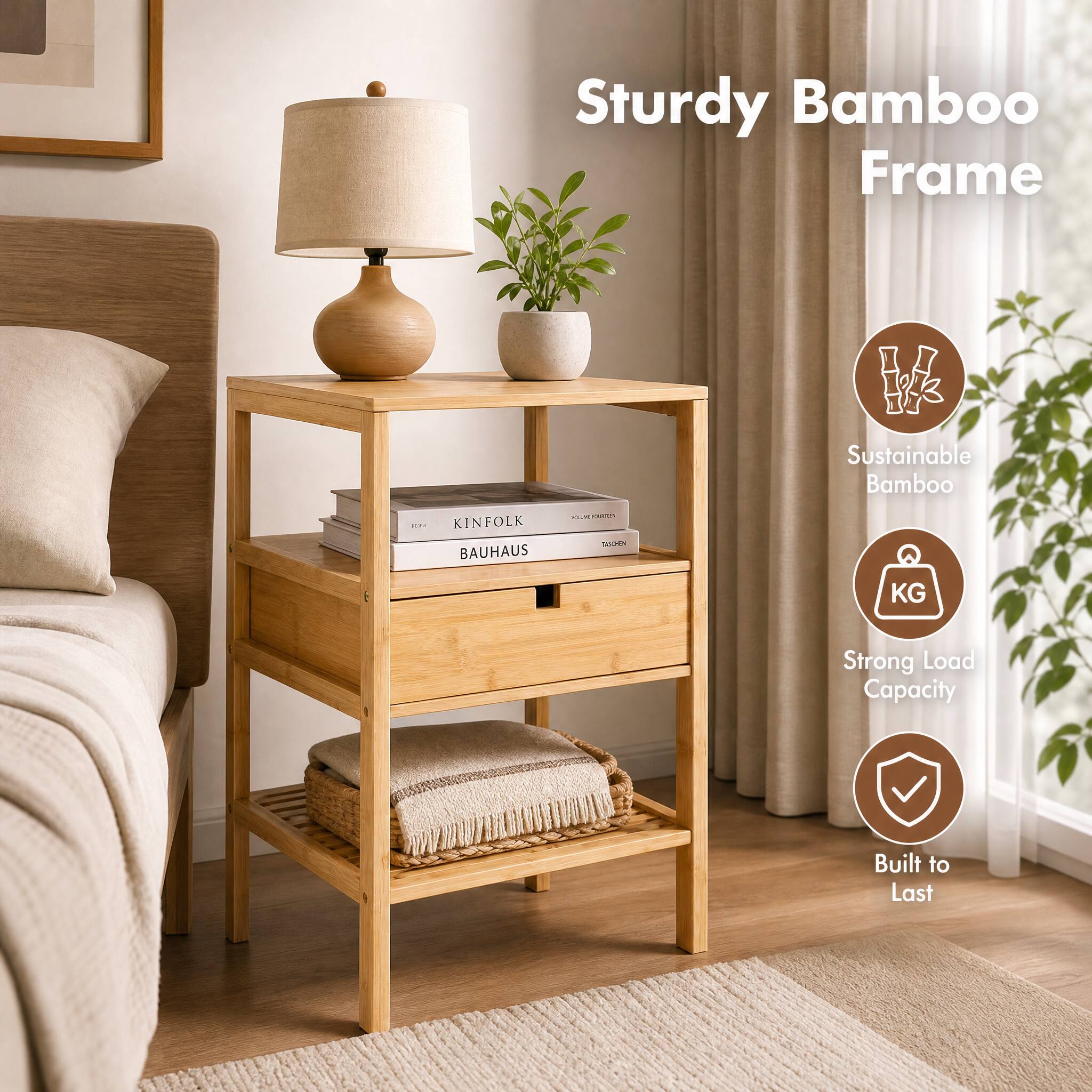 Sturdy Bamboo Frame

Sustainable Bamboo

Strong Load Capacity

Built to Last