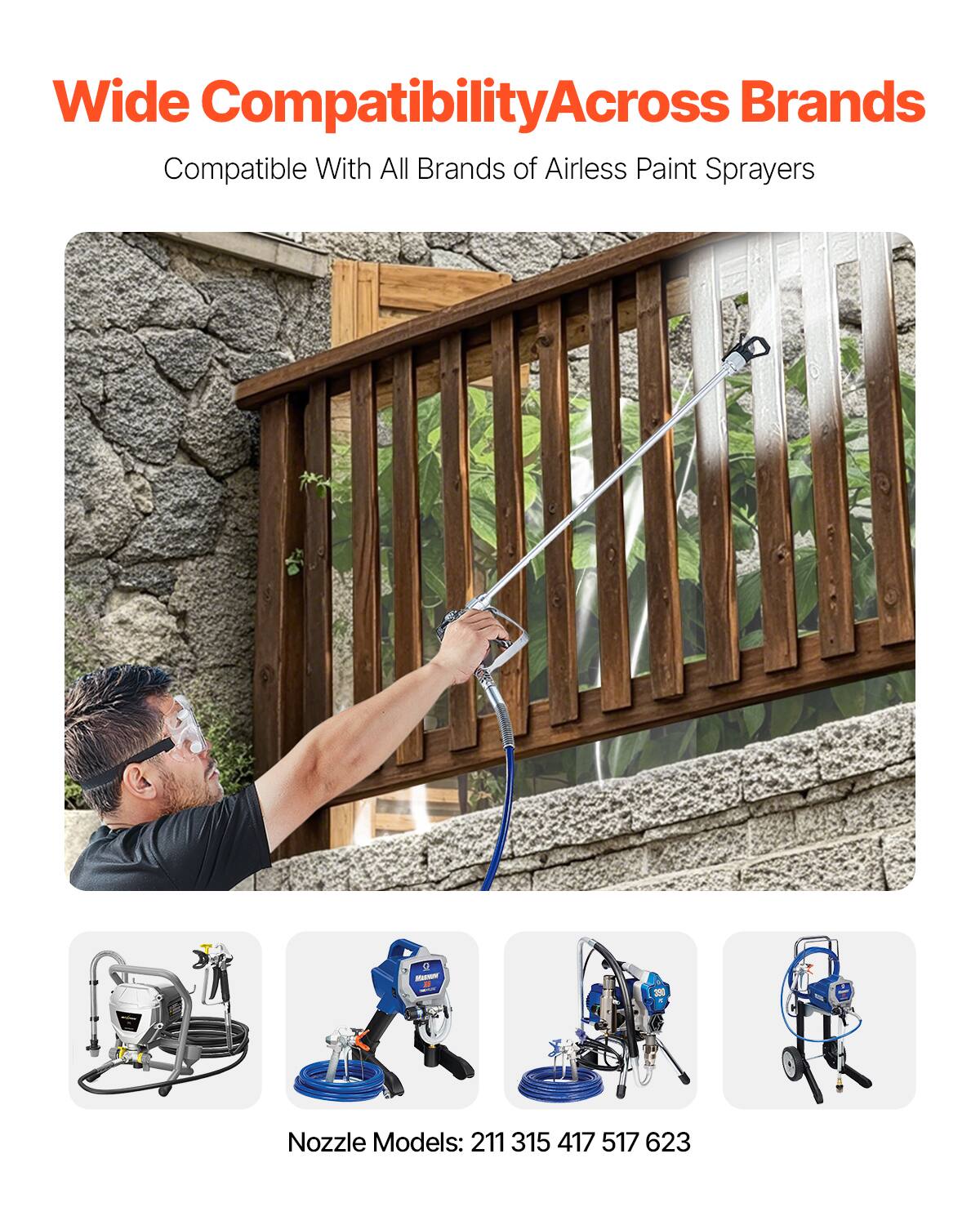 Wide Compatibility Across Brands  
Compatible With All Brands of Airless Paint Sprayers  

Nozzle Models: 211 315 417 517 623
