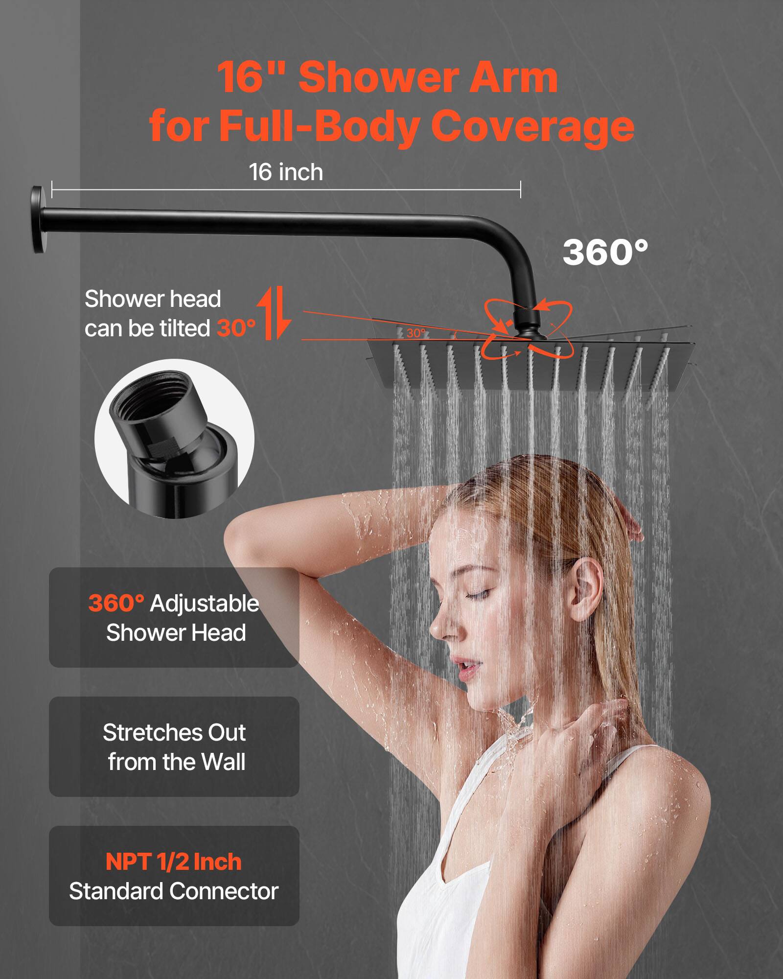 16" Shower Arm for Full-Body Coverage, 16 inch, Shower head can be tilted 30°, 360° Adjustable Shower Head, Stretches Out from the Wall, NPT 1/2 Inch Standard Connector