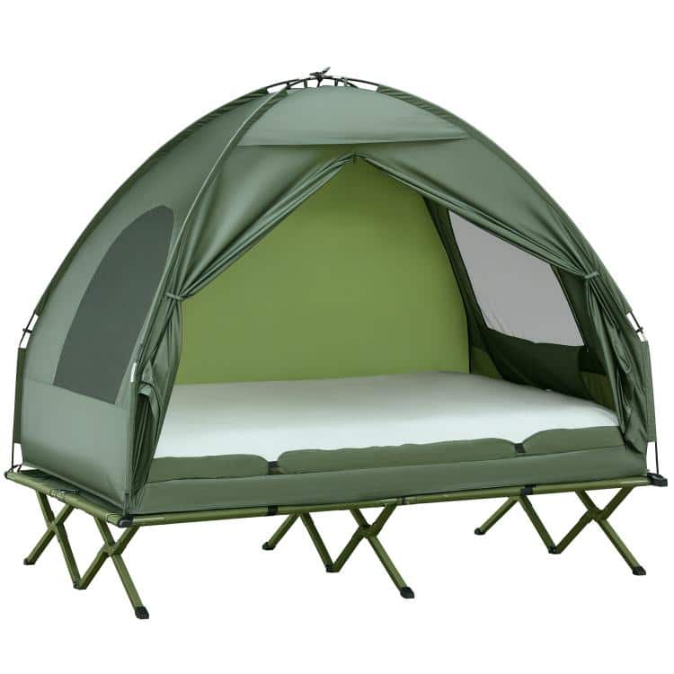 PULUZ - 2-Person Tent Cot, 4-in-1 Elevated Camping Bed Combo with Air Mattress, Bed Cover, Foot Pump - Green