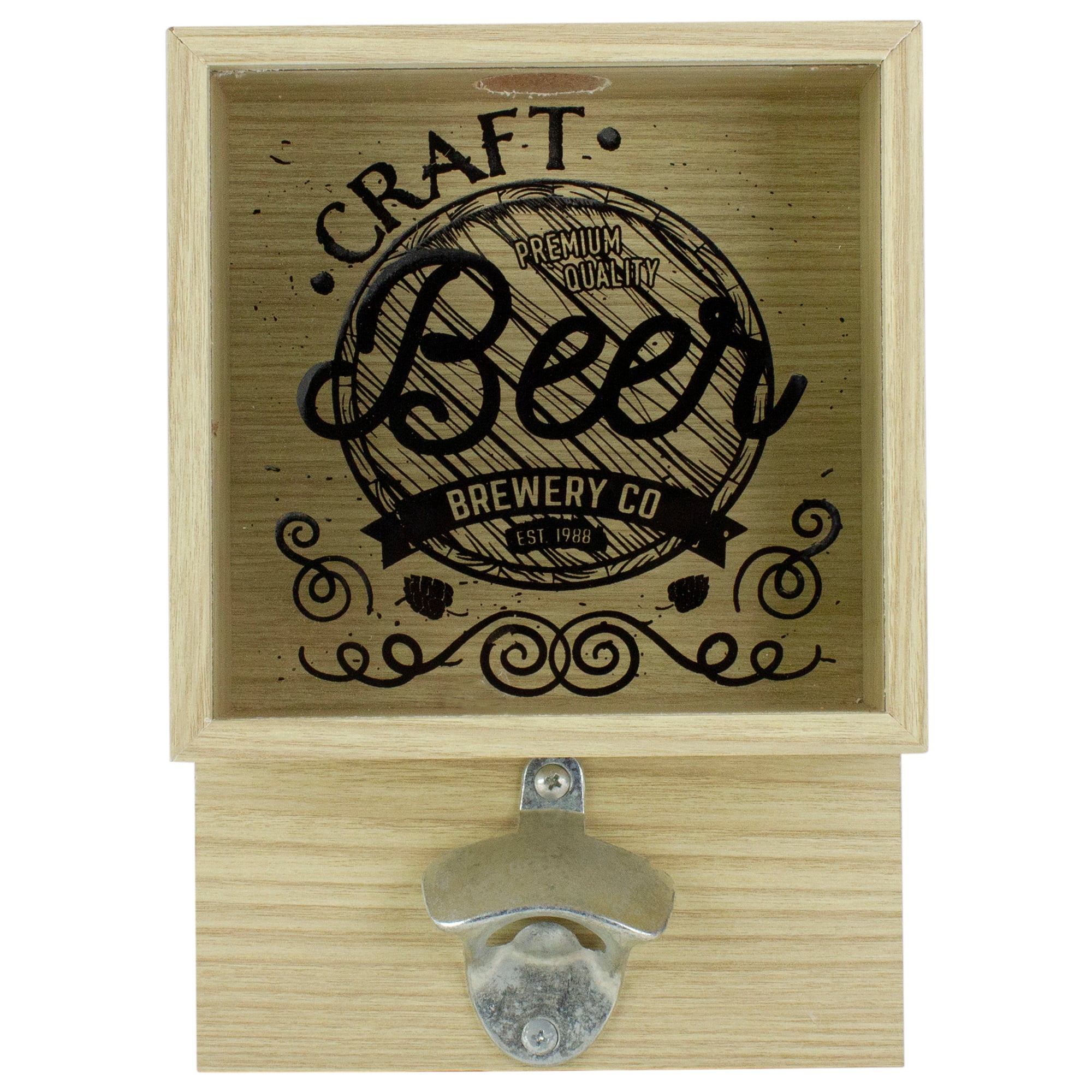Koopman International - 10.25" Wood and Glass 'Craft Beer Brewery Co' Bottle Opener with Storage Box - Brown