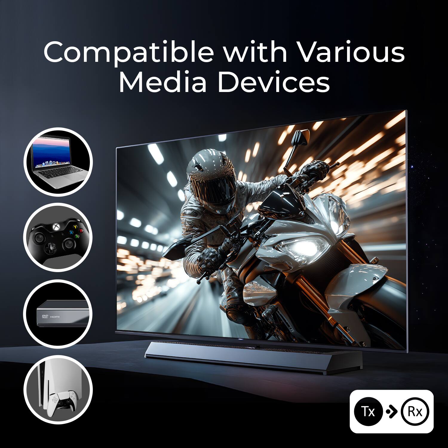 Compatible with Various Media Devices

Tx > Rx