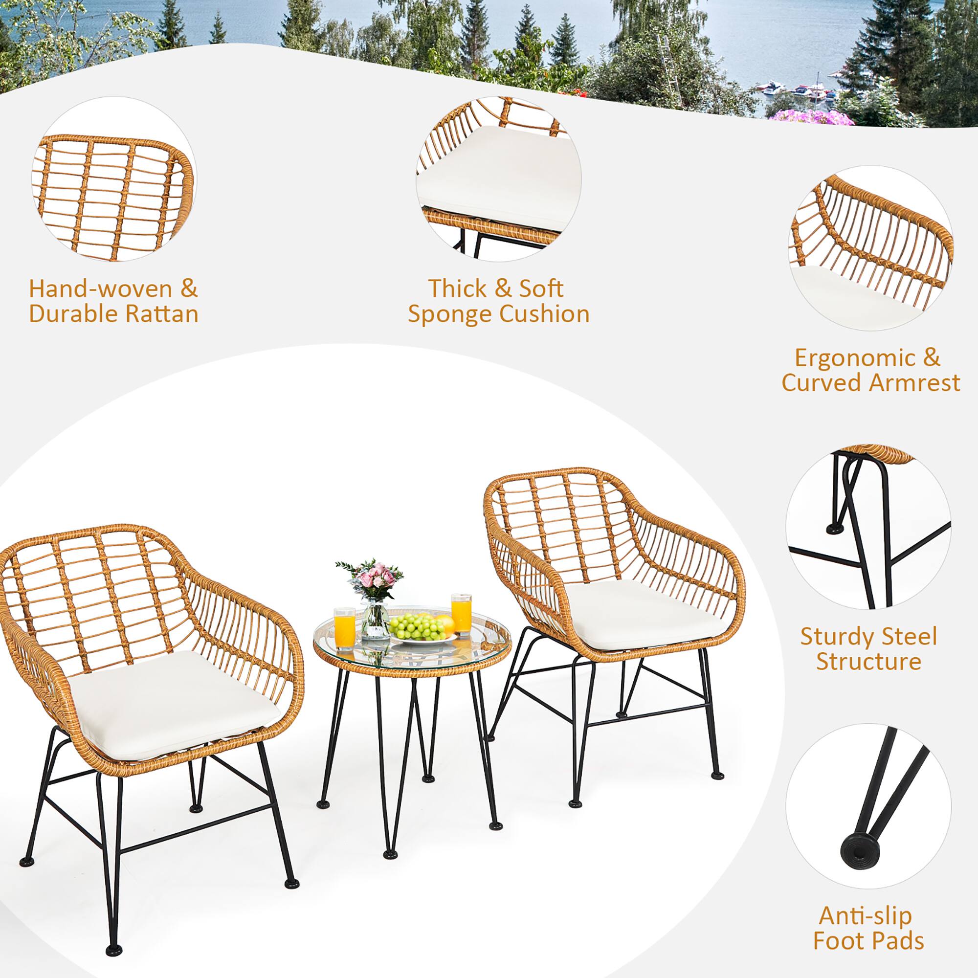Hand-woven & Durable Rattan, Thick & Soft Sponge Cushion, Ergonomic & Curved Armrest, Sturdy Steel Structure, Anti-slip Foot Pads