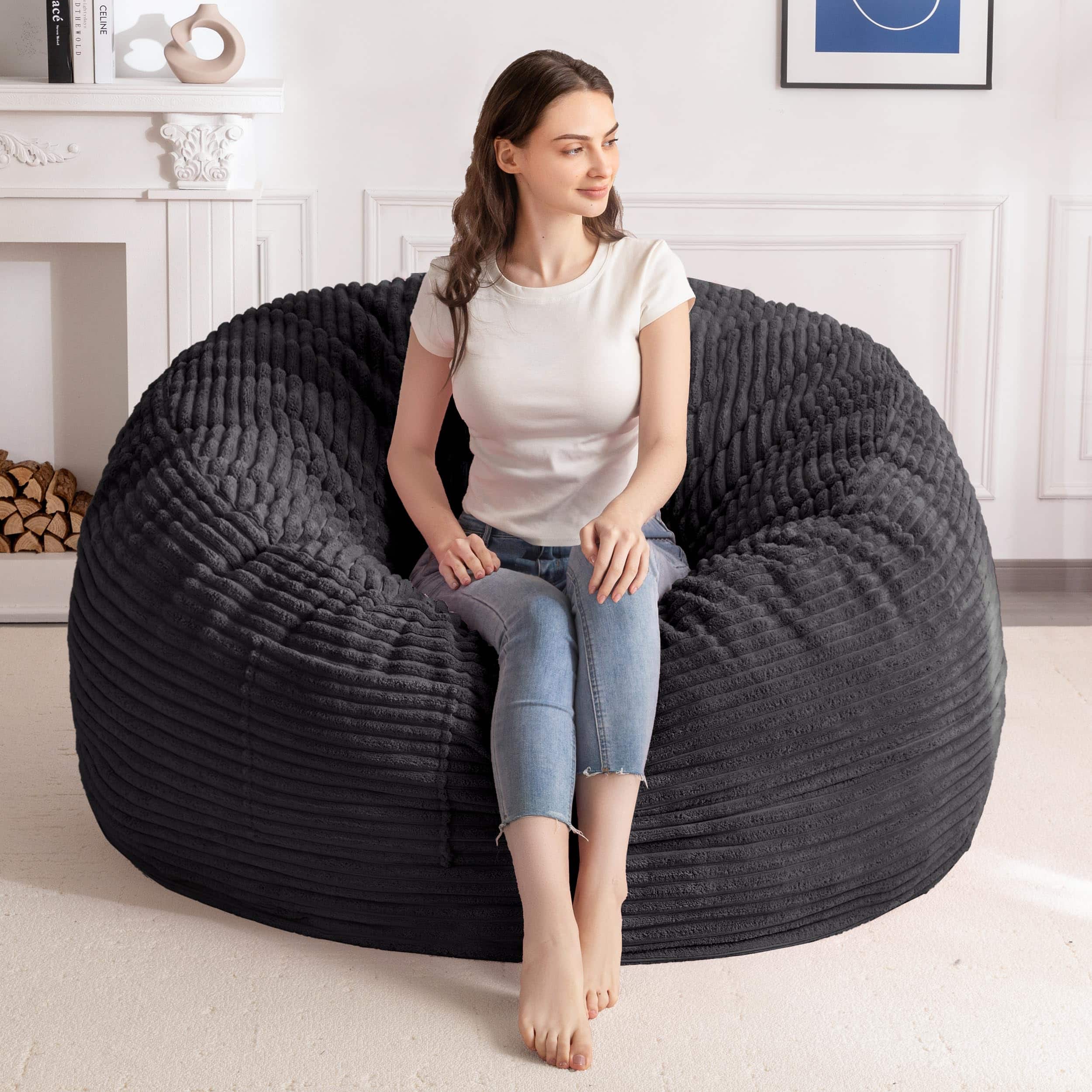 JETRANSPORT - Bean Bag Chair For Adults Large 3 Ft With Foam Filling Ultra Soft Lazy Sofa Living Room Bedroom Machine - Corduroy Black 5FT