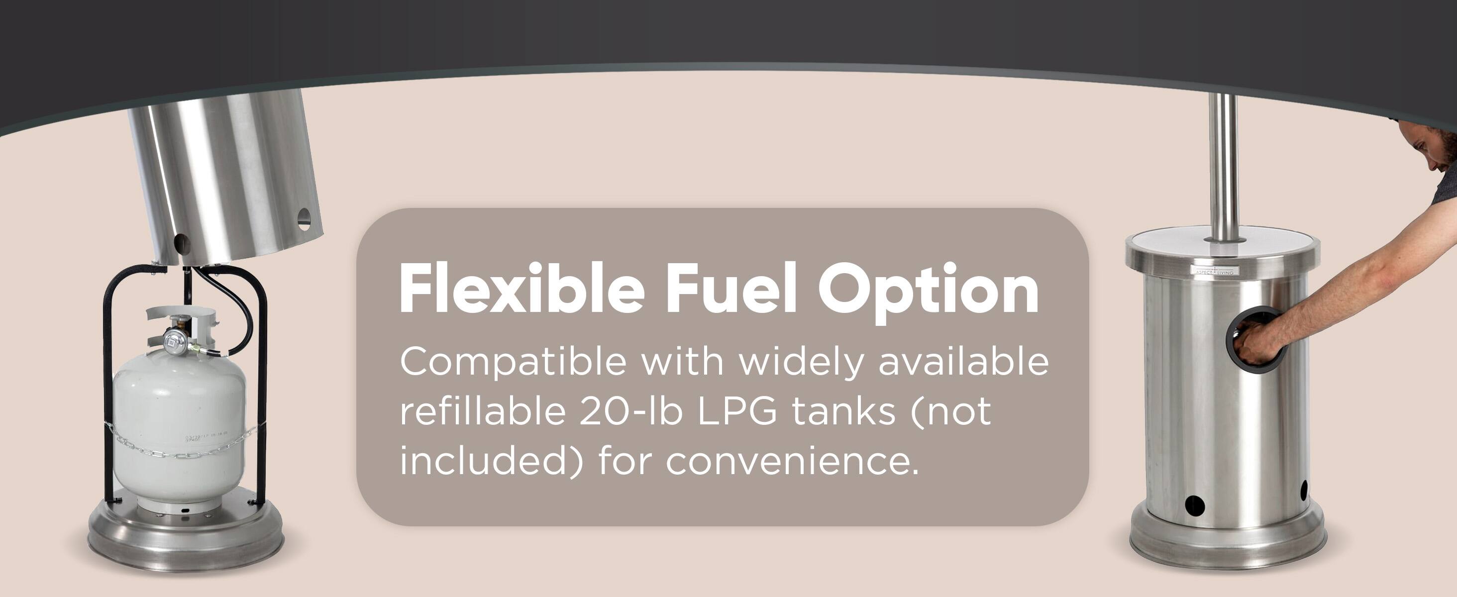 Flexible Fuel Option: Compatible with widely available refillable 20-lb LPG tanks (not included) for convenience.