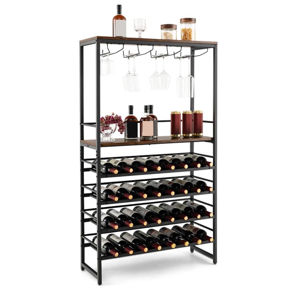Angle. Kadyn - Freestanding Wine Bakers Rack with 4-Tier Wine Storage and 4 Rows of Stemware Racks, Wine Storage Racks, Bar Cabinet - Brown.