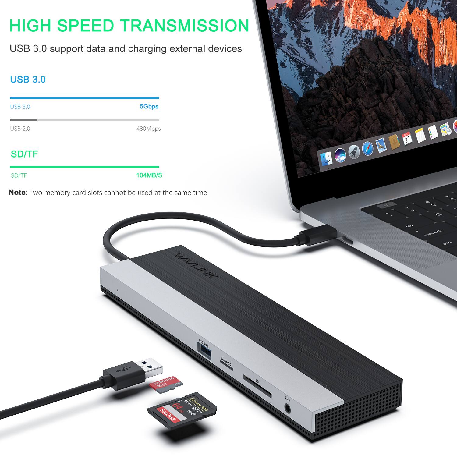 HIGH SPEED TRANSMISSION  
USB 3.0 support data and charging external devices  
USB 3.0  
5Gbps  
USB 2.0 SD/TF  
480Mbps  
SD/TF  
104MB/S  
Note: Two memory card slots cannot be used at the same time  
WAYLINK  
1 1 tab  
. 3 2 ON Q caps tock  
000  
SAMSUNG 1 Extreme 64 OSHAN PRO SanDisk