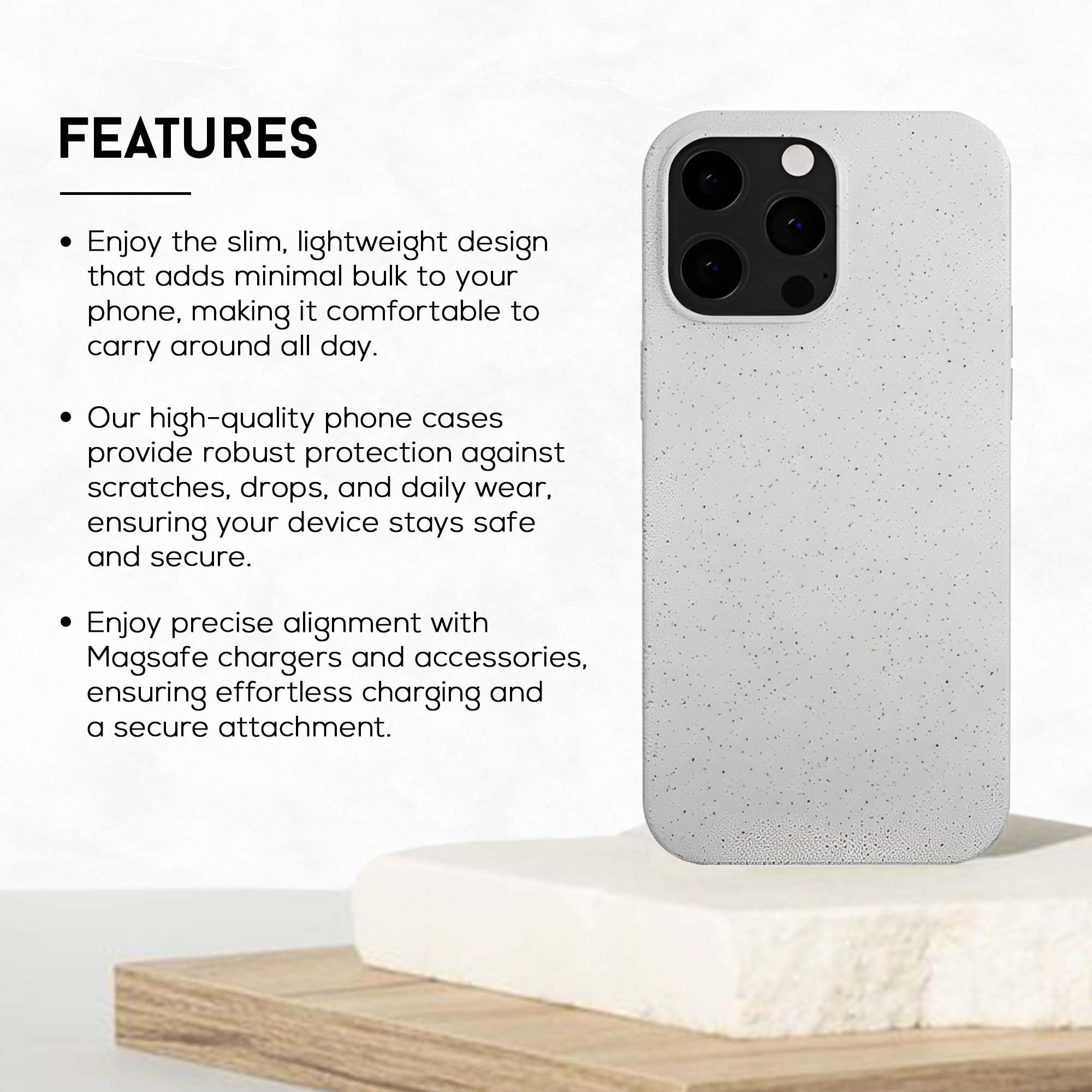 FEATURES

Enjoy the slim, lightweight design that adds minimal bulk to your phone, making it comfortable to carry around all day.

Our high-quality phone cases provide robust protection against scratches, drops, and daily wear, ensuring your device stays safe and secure.

Enjoy precise alignment with Magsafe chargers and accessories, ensuring effortless charging and a secure attachment.