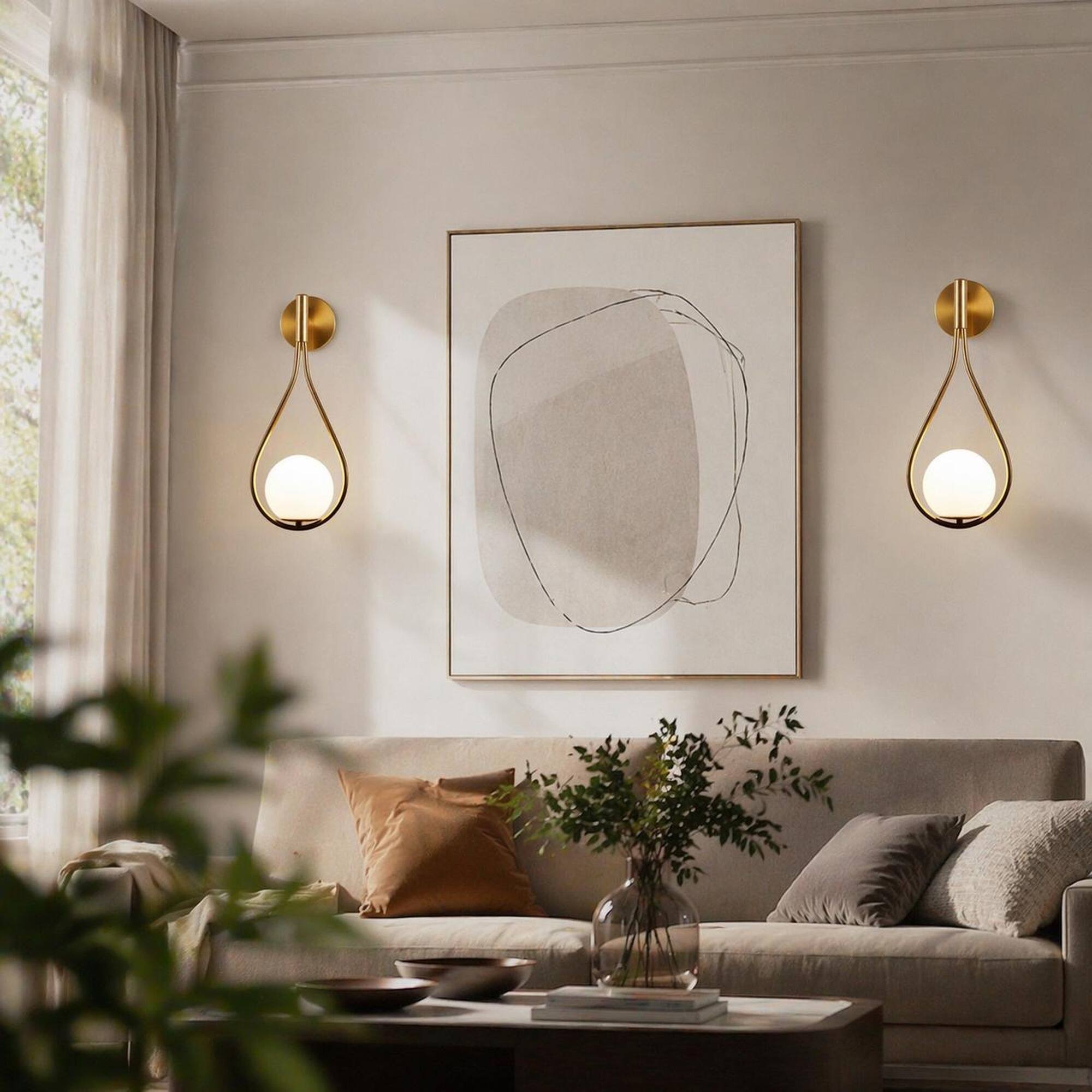 Back. RYHNUYNE - Pair of Mid-Century Modern Gold Wall Sconces with Frosted Glass Globes, Warm Ambient Lighting for Bedroom, Living Room.
