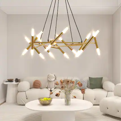 Front. LUCKY ONE - 41in Hanging Branch Chandelier, 20-Light Gold Modern Pendant with Frosted Tubes for Dining Room - Gold.