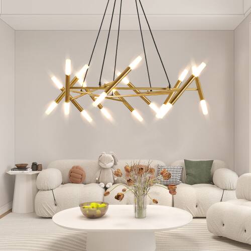 Front. LUCKY ONE - 41in Hanging Branch Chandelier, 20-Light Gold Modern Pendant with Frosted Tubes for Dining Room - Gold.